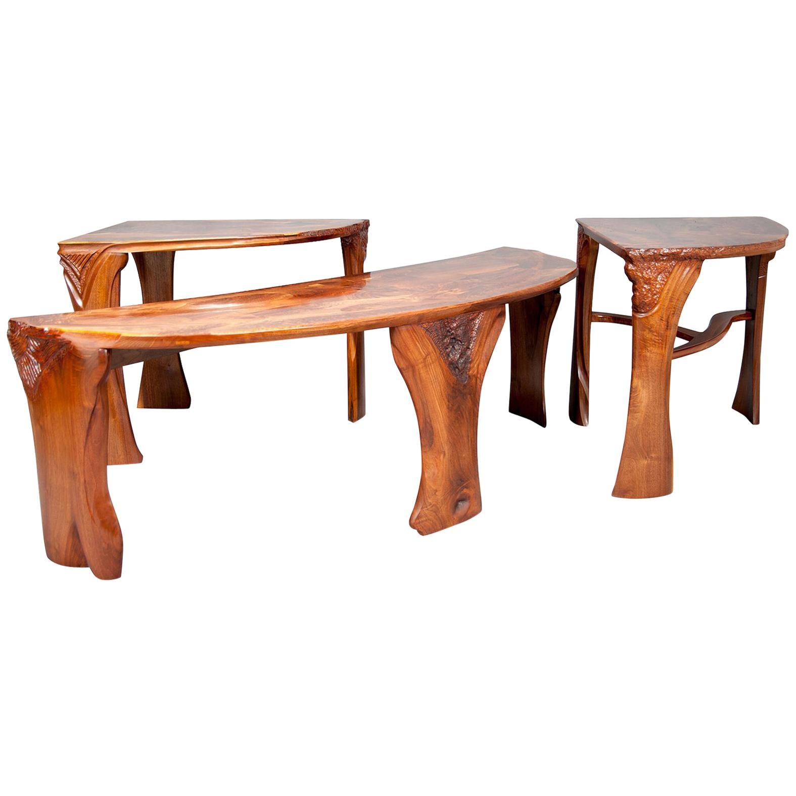 Matching 3 Piece Set Of A Semi-Round Sculptural Live Edge Coffee and End Tables For Sale