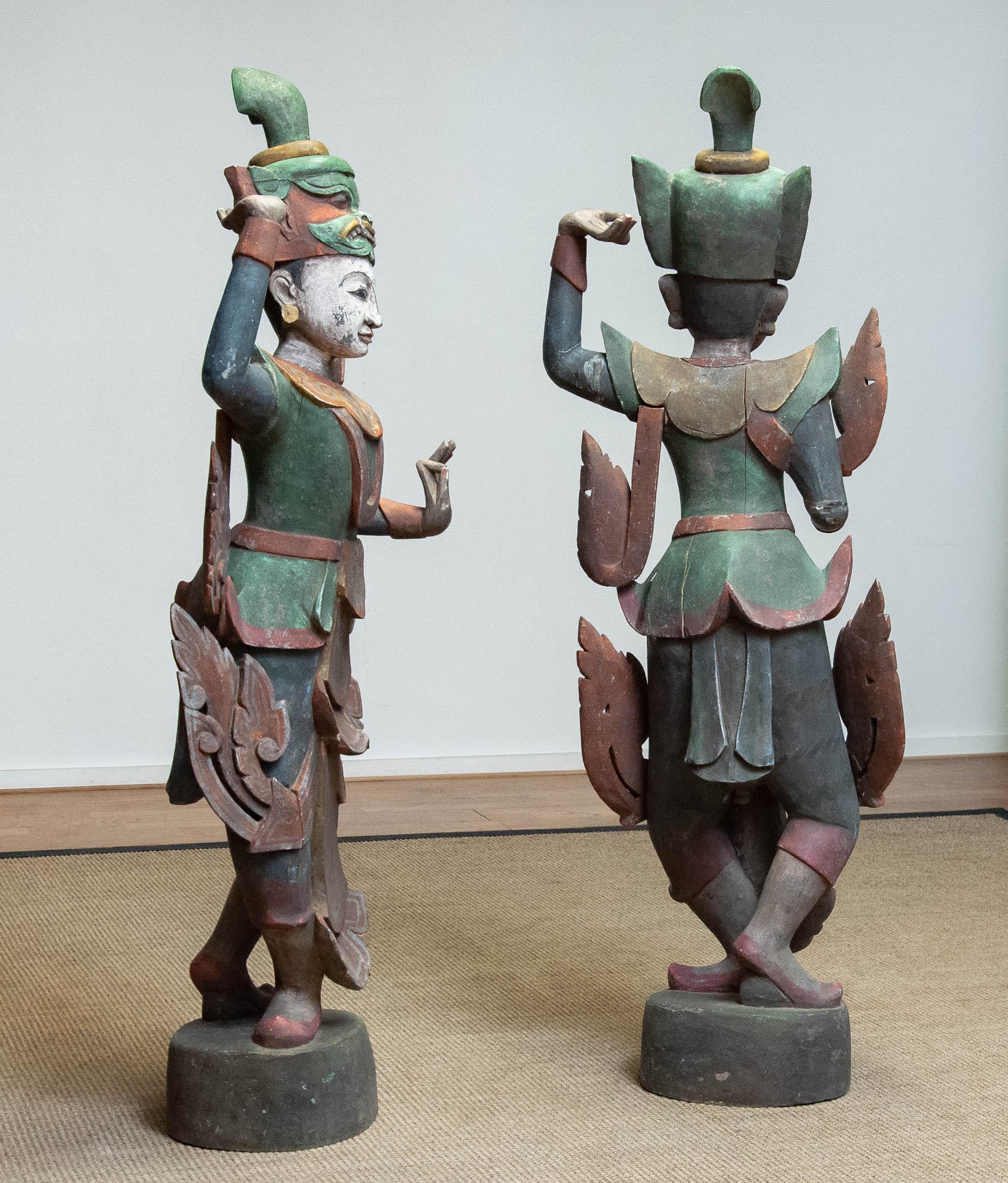 Matching Couple / Pair Large Polychromed Burmese Nat Temple Dancers For Sale 8