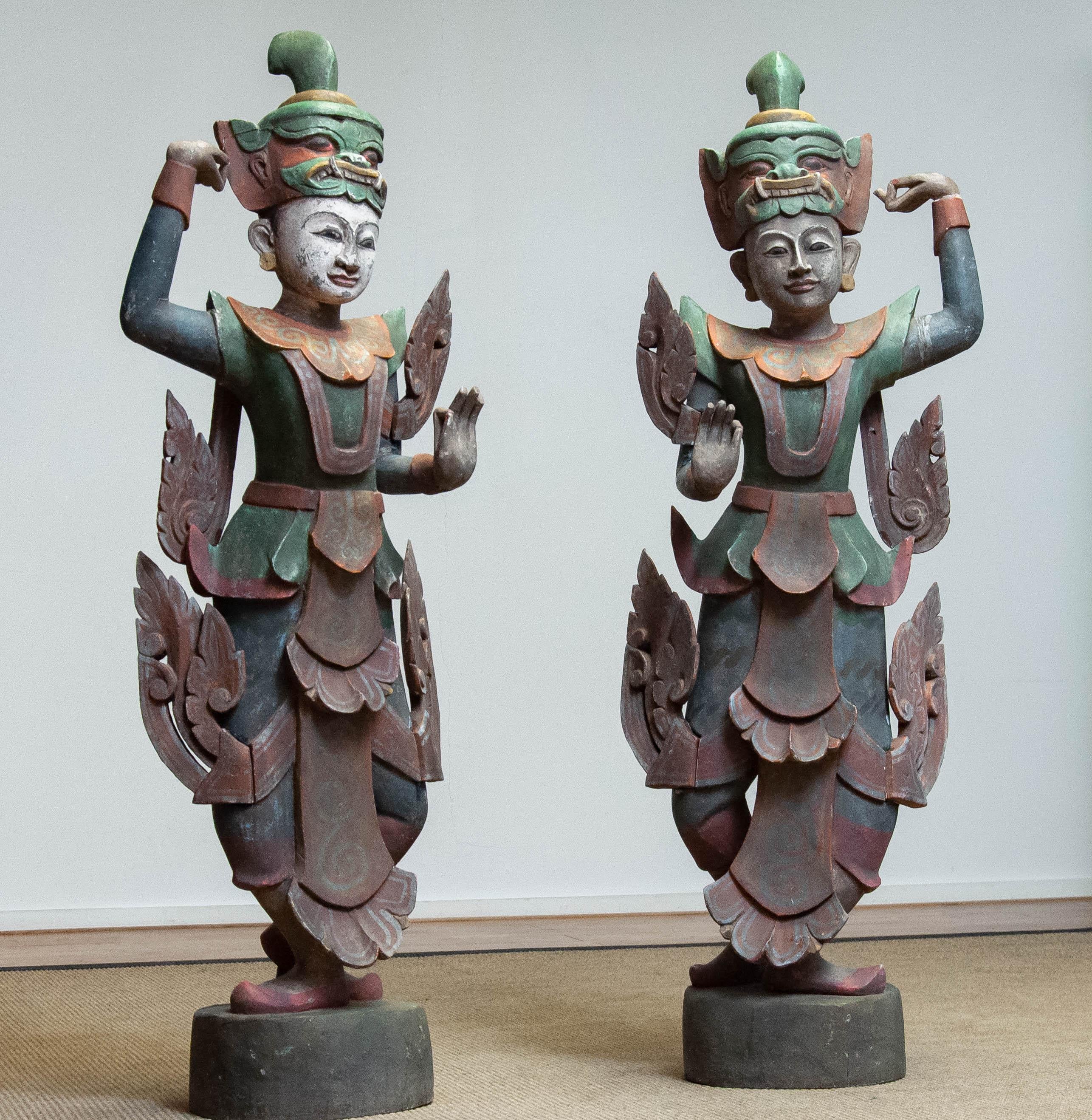 Folk Art Matching Couple / Pair Large Polychromed Burmese Nat Temple Dancers For Sale