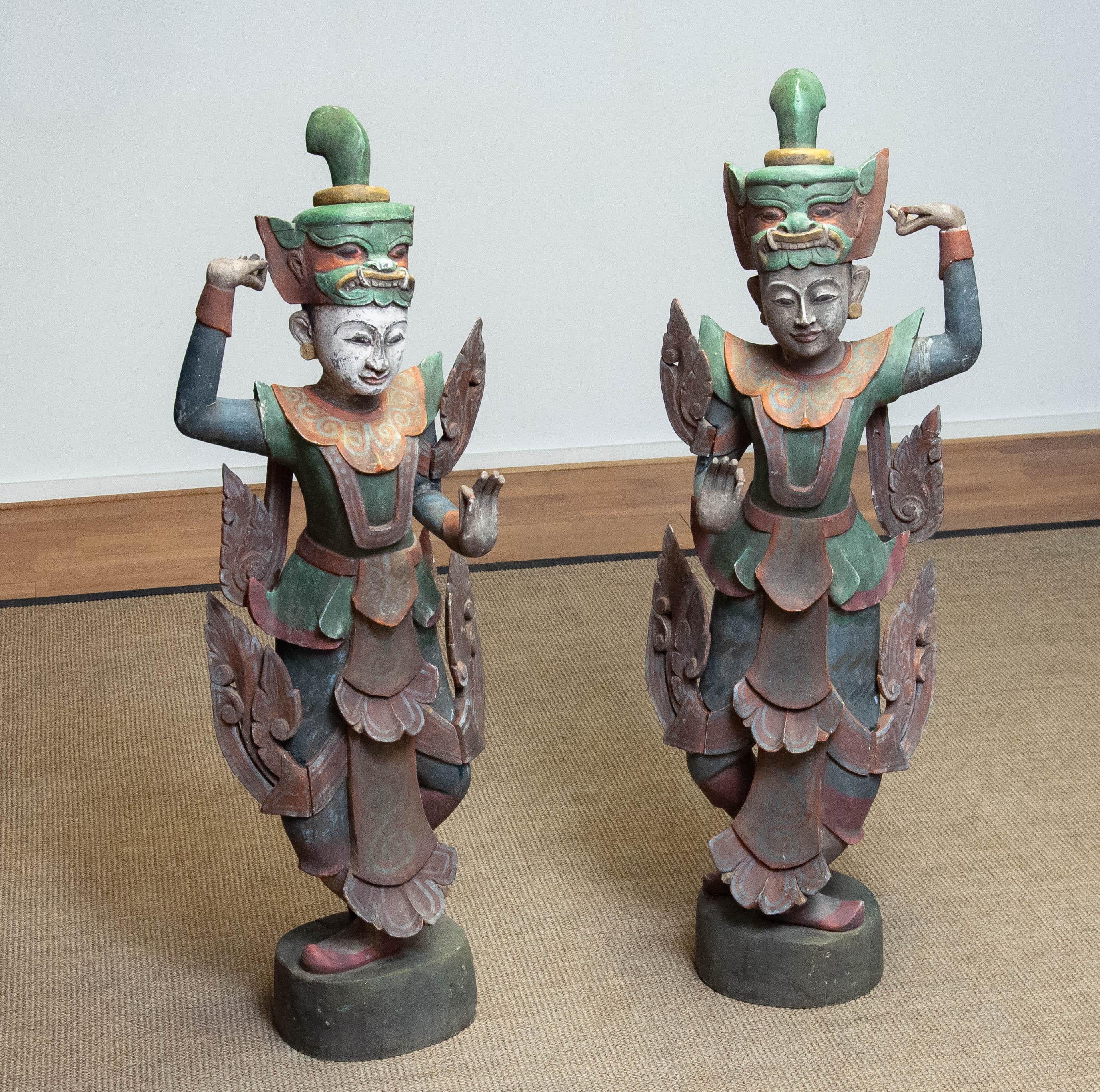 Hand-Carved Matching Couple / Pair Large Polychromed Burmese Nat Temple Dancers For Sale