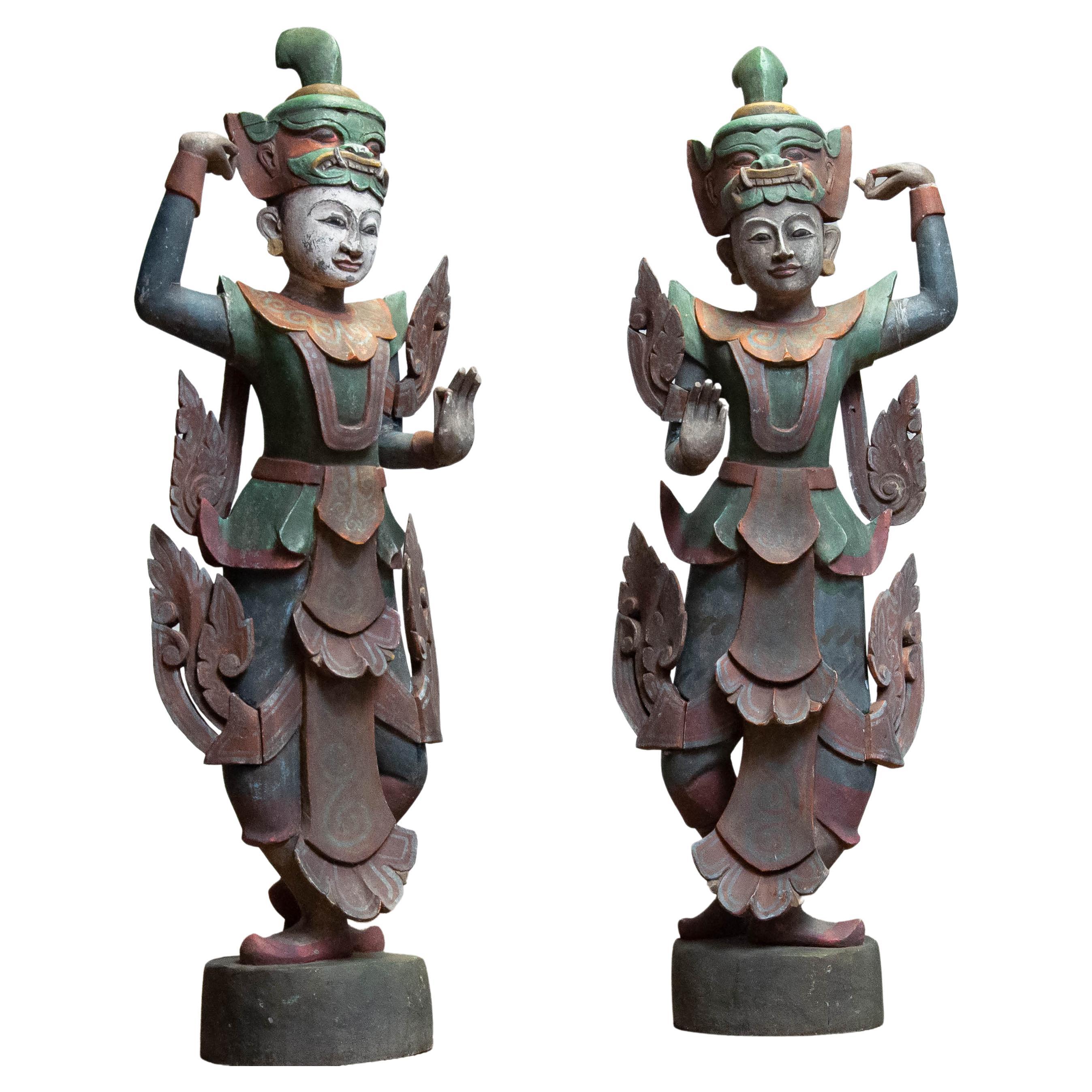 Matching Couple / Pair Large Polychromed Burmese Nat Temple Dancers For Sale