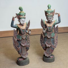 Matching Couple / Pair Large Polychromed Burmese Nat Temple Dancers