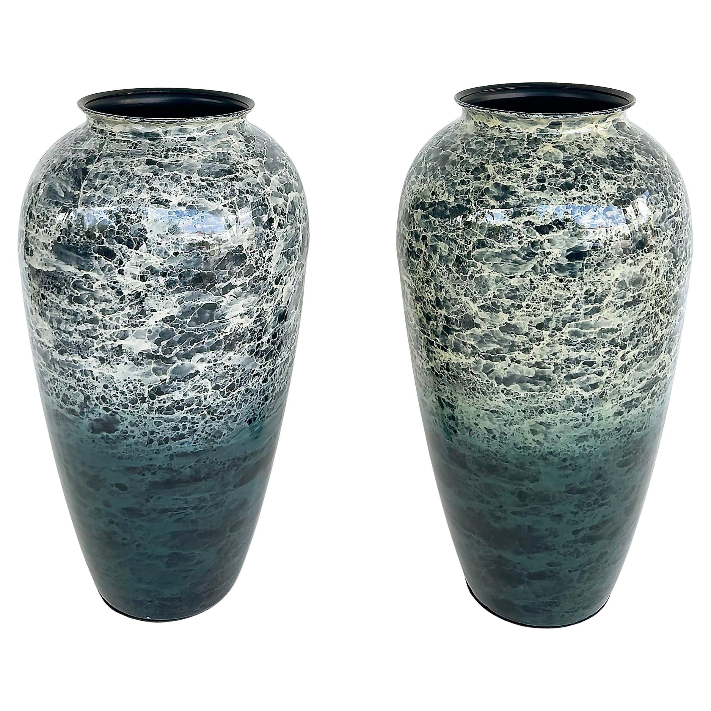 Matching Decorative Pair of Enameled Metal Vases
