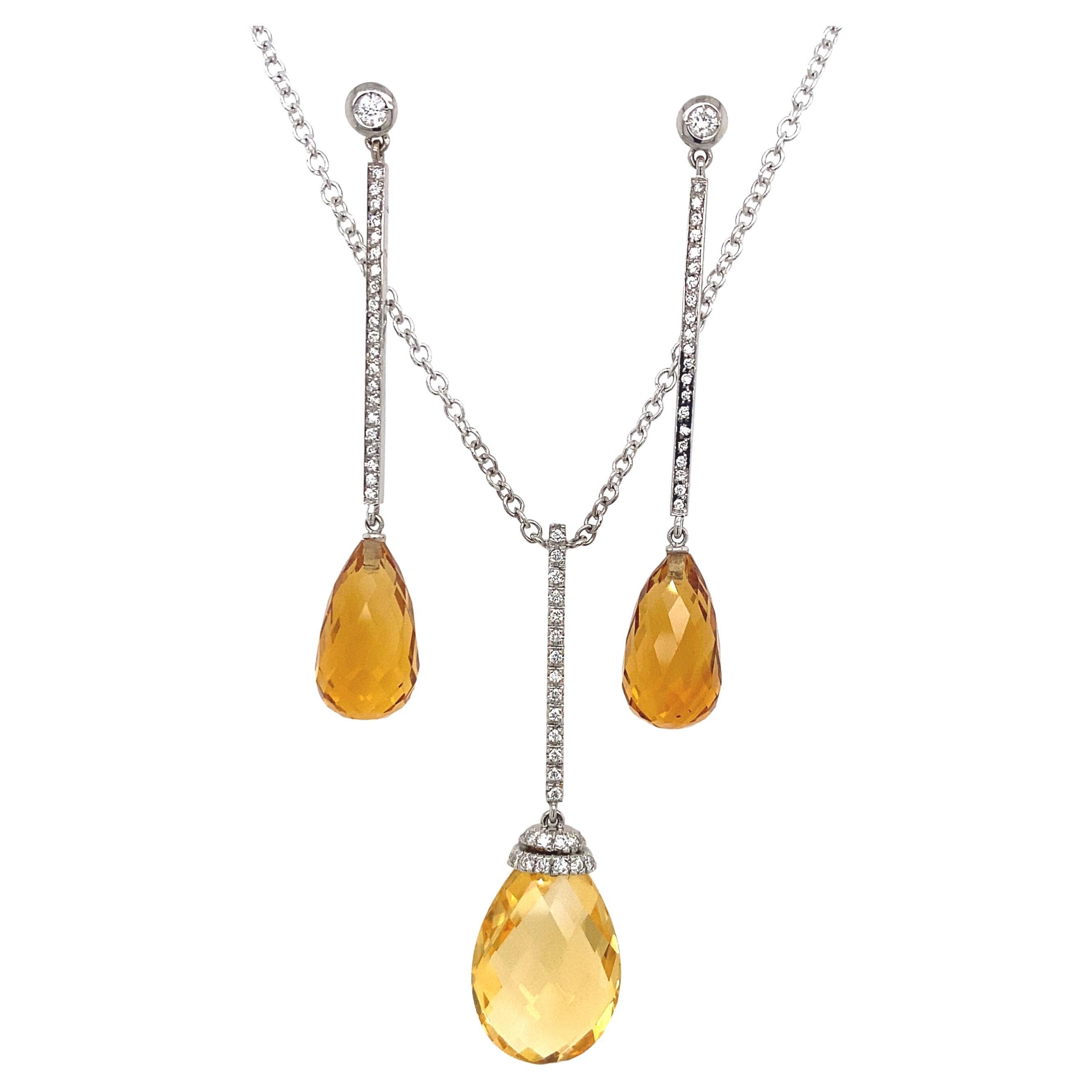 Matching Earrings & Necklace Set in 18ct White Gold with Citrines & Diamonds For Sale