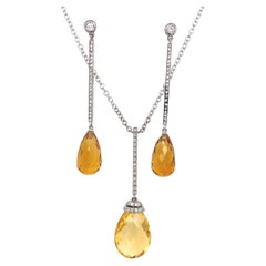 Vintage Matching Earrings & Necklace Set in 18ct White Gold with Citrines & Diamonds