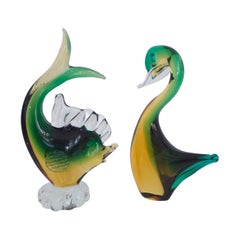 Vintage Matching Mid-Century Modern Art Glass Duck and Fish, in the Style of Barbini