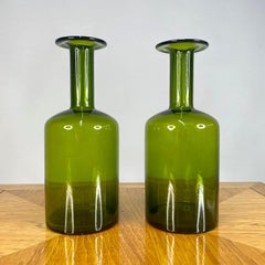Otto Brauer Gulvvase Pair, Olive Green Art Glass, Danish Design, 1960s