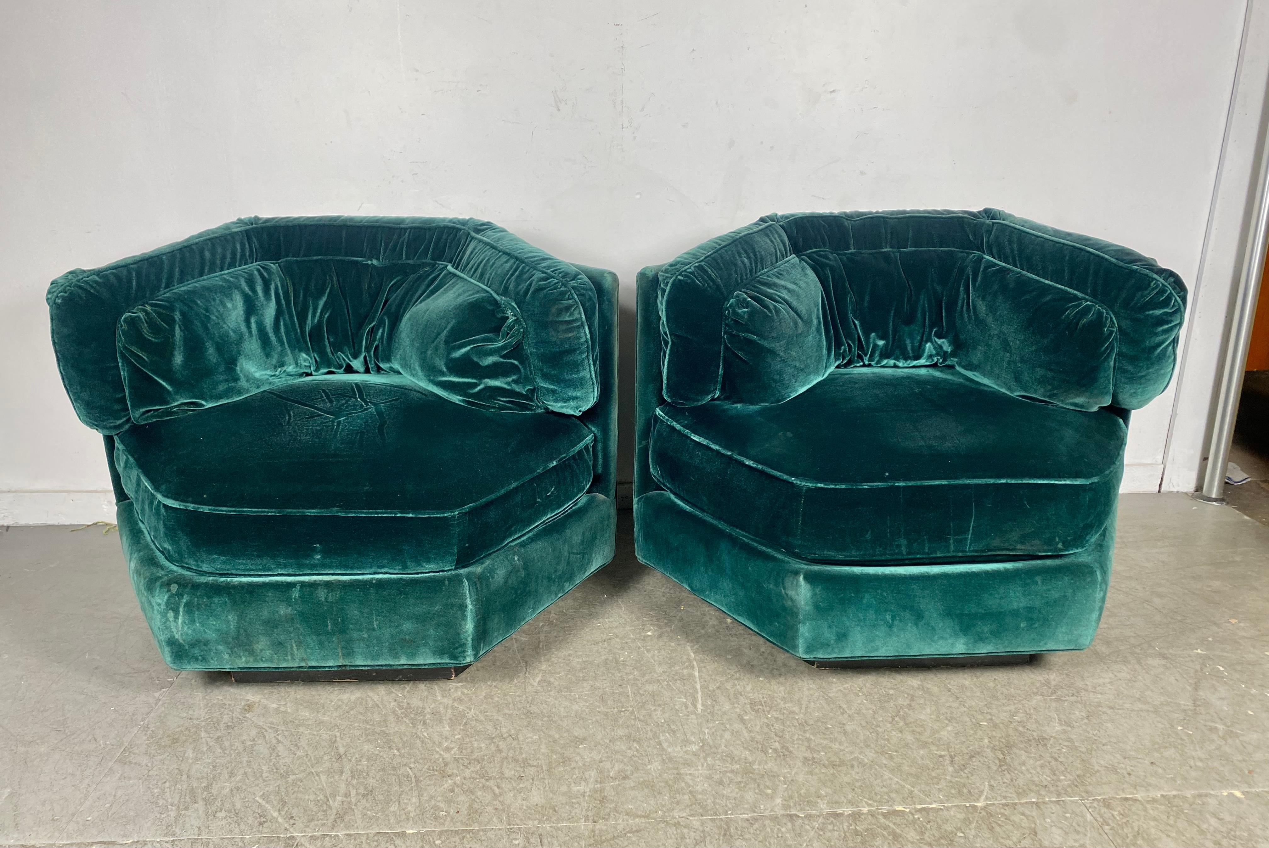 Matching Pair 1970s Emerald Green Mohair Hex Lounge Chairs 