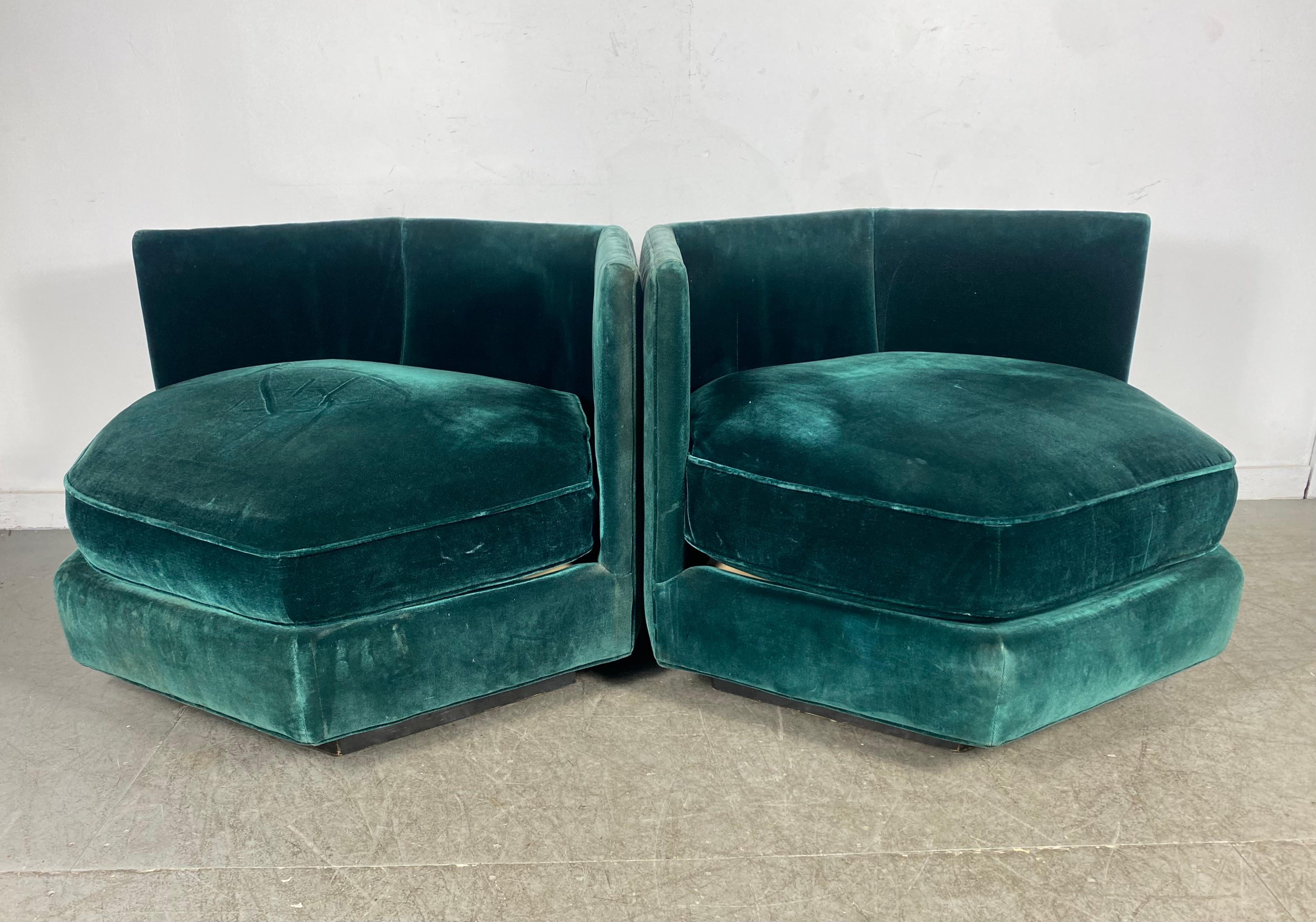 Matching Pair 1970s Emerald Green Mohair Hex Lounge Chairs 