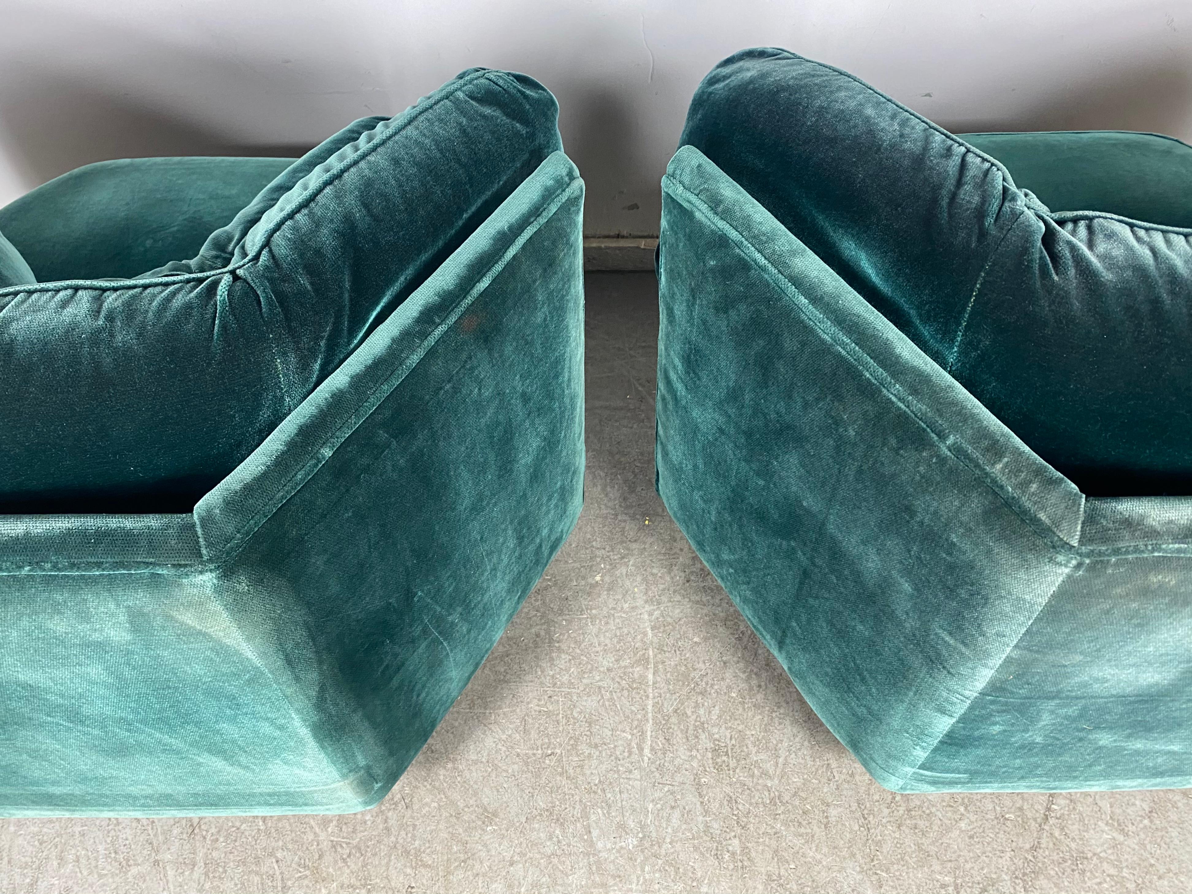 Matching Pair 1970s Emerald Green Mohair Hex Lounge Chairs 