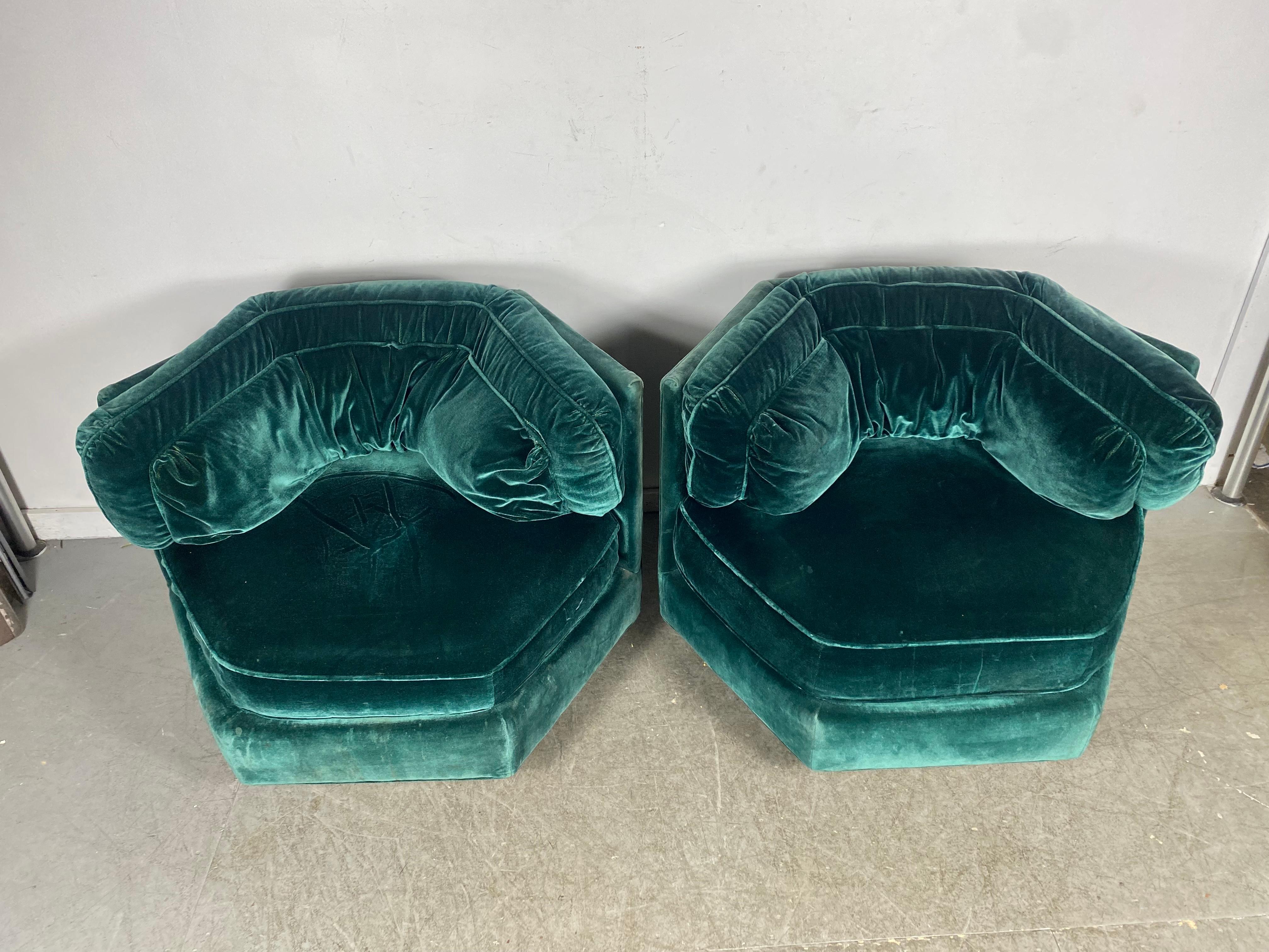 Matching Pair 1970s Emerald Green Mohair Hex Lounge Chairs 