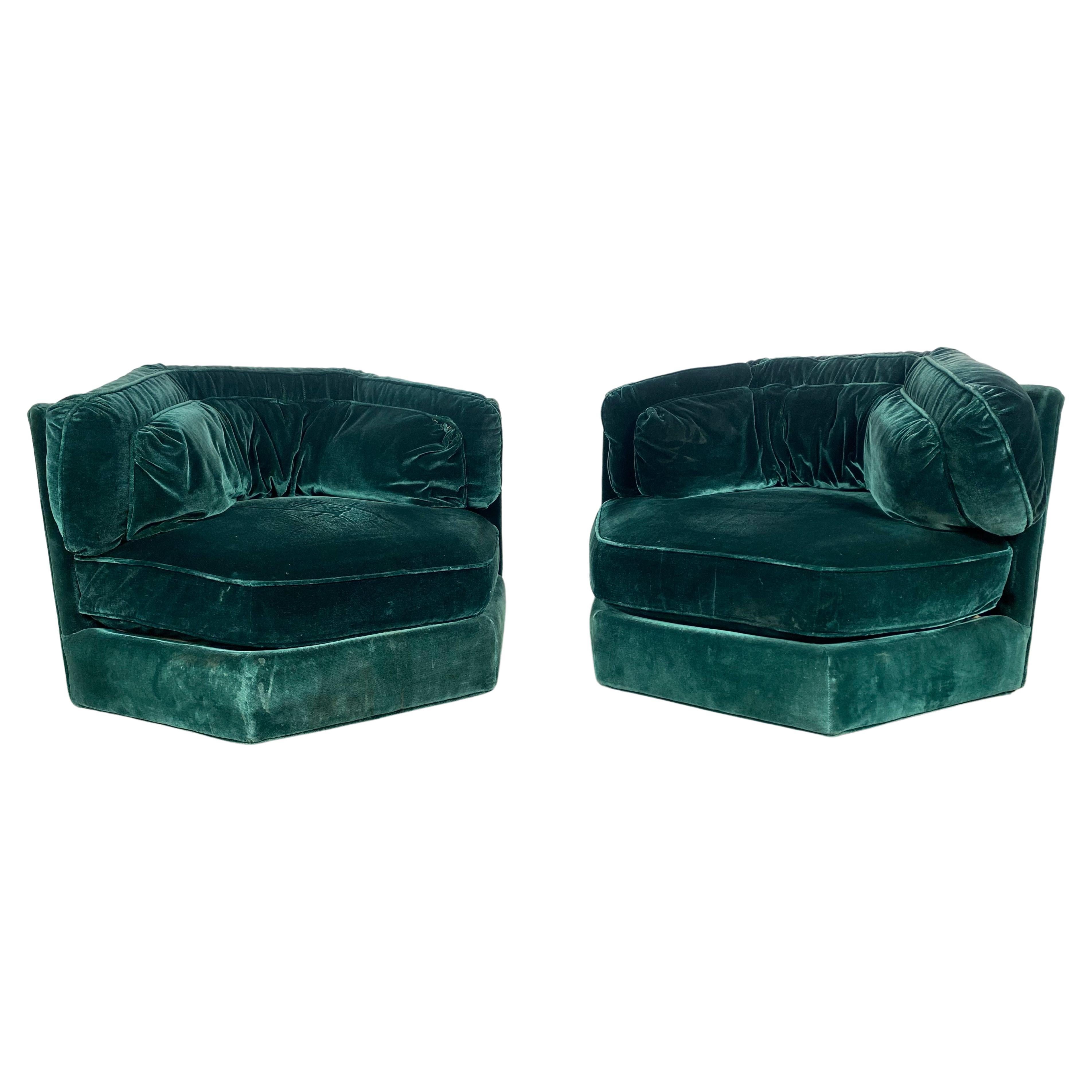 Matching Pair 1970s Emerald Green Mohair Hex Lounge Chairs "Flair" Bernhardt For Sale