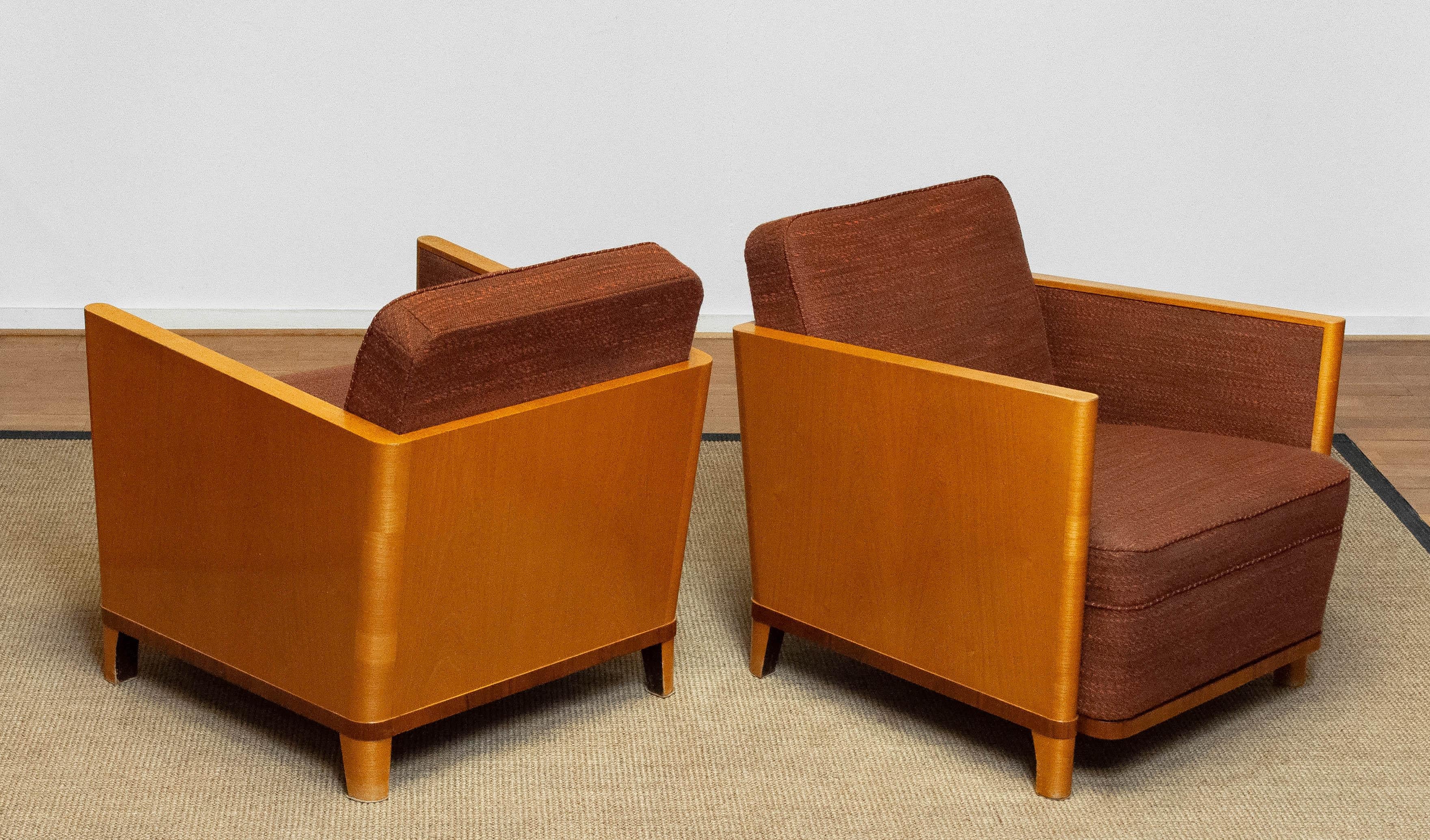 Matching Pair Art Deco Chairs with Elm Base and Dark Brown Wool by Erik Chambert 5