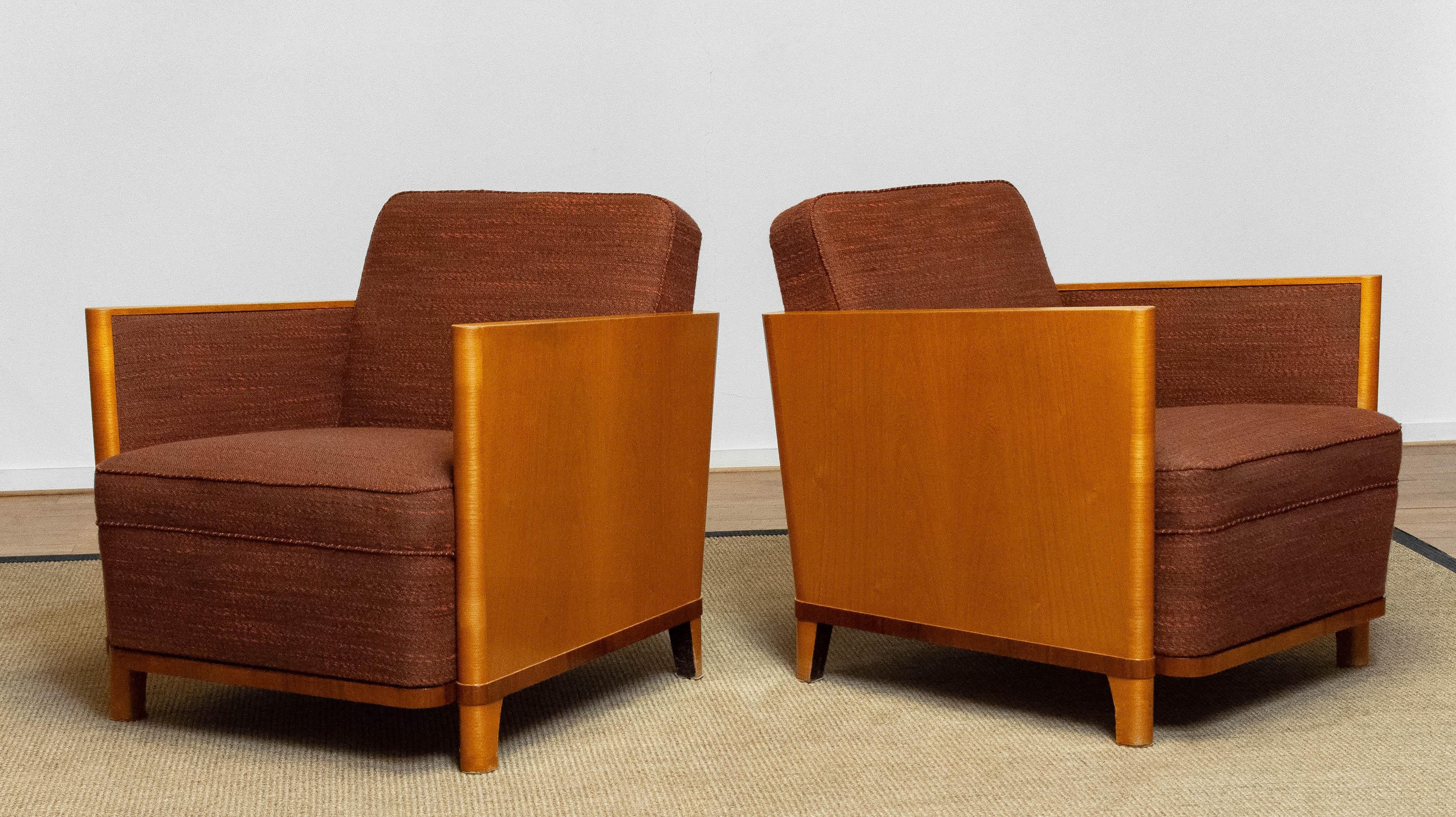 Paar art deco stühle mit ulmenholzgestell und dunkelbrauner wolle von Erik Chambert im Angebot 5