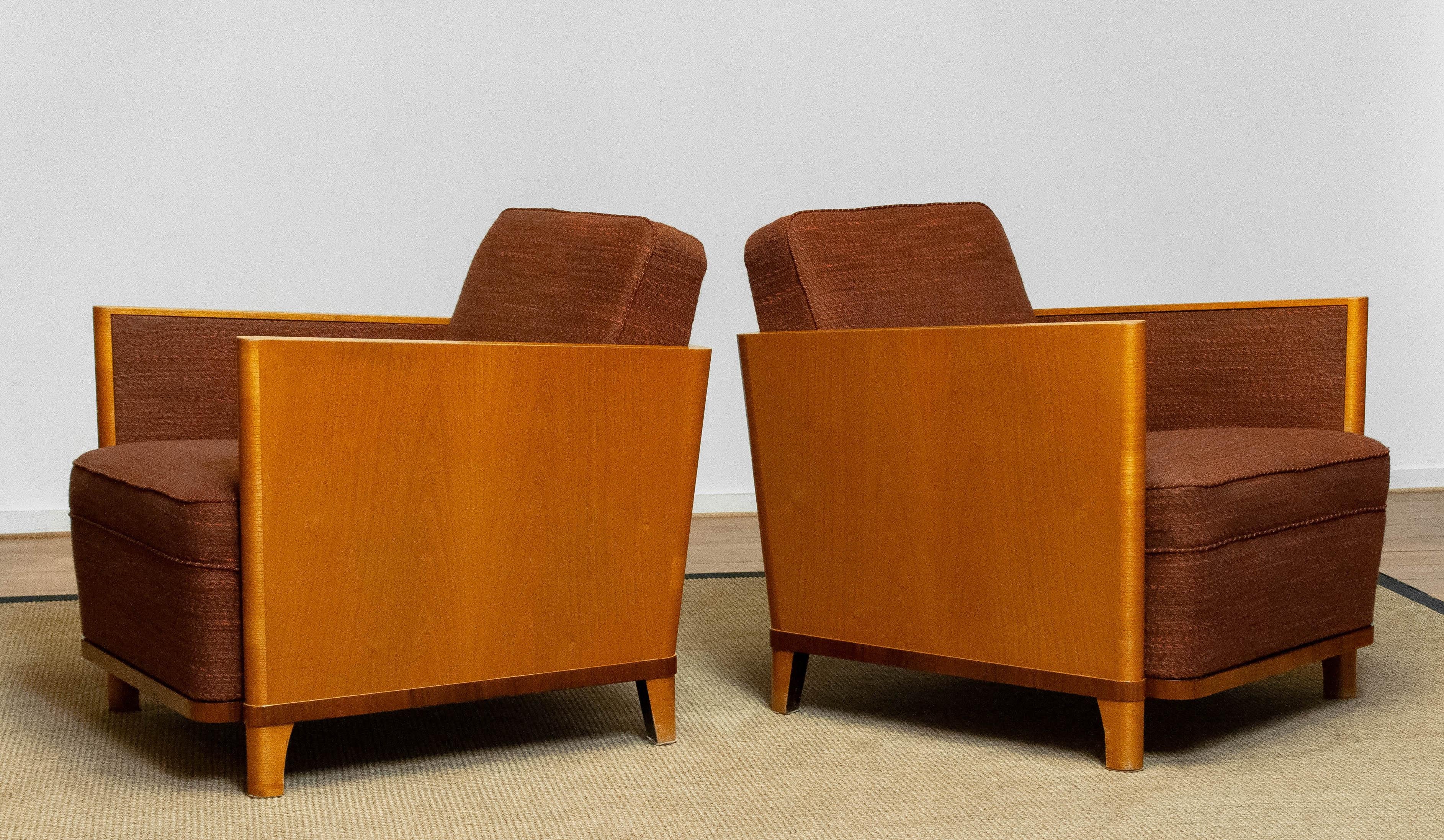 Matching Pair Art Deco Chairs with Elm Base and Dark Brown Wool by Erik Chambert 8