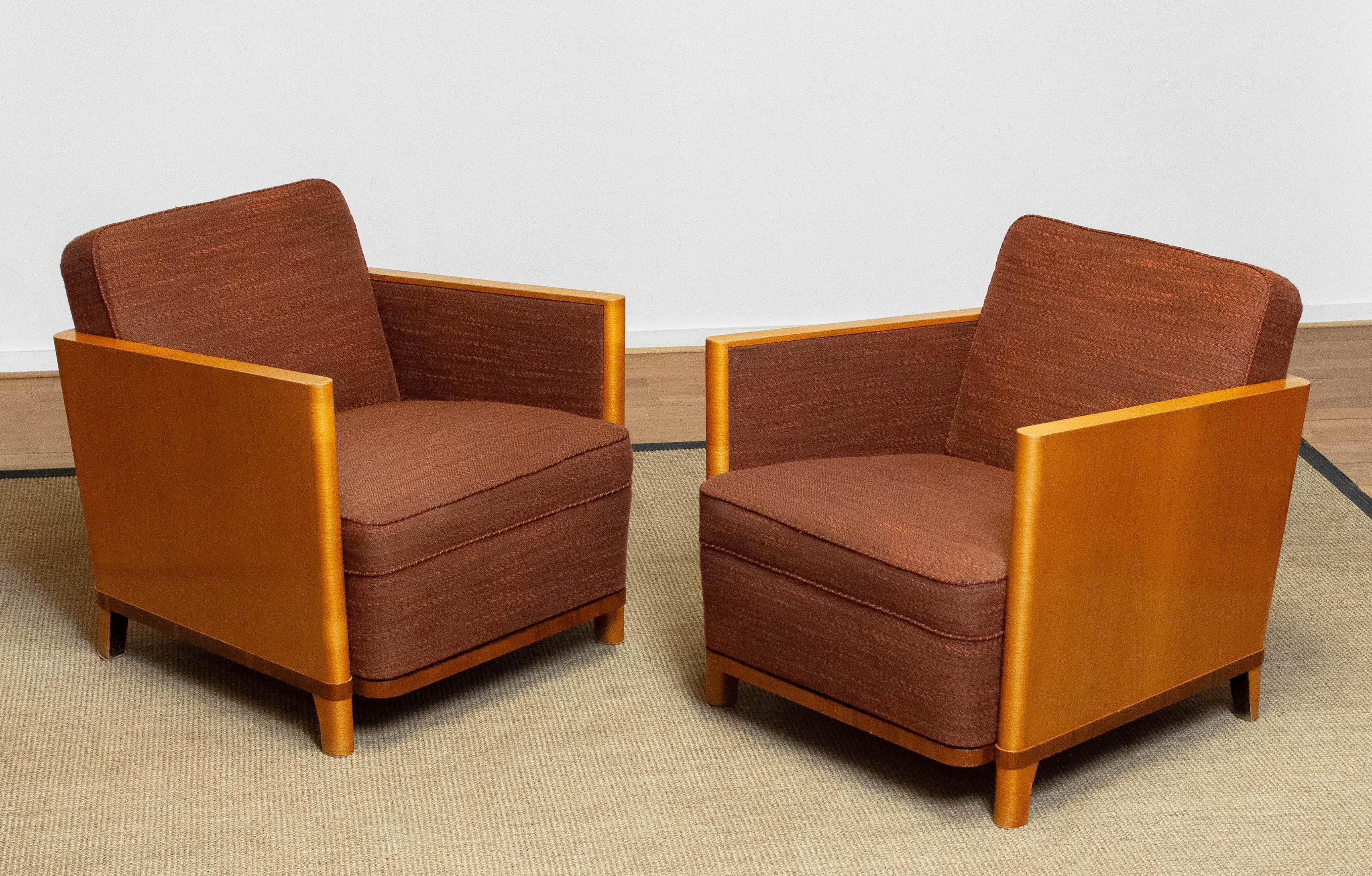Swedish Matching Pair Art Deco Chairs with Elm Base and Dark Brown Wool by Erik Chambert