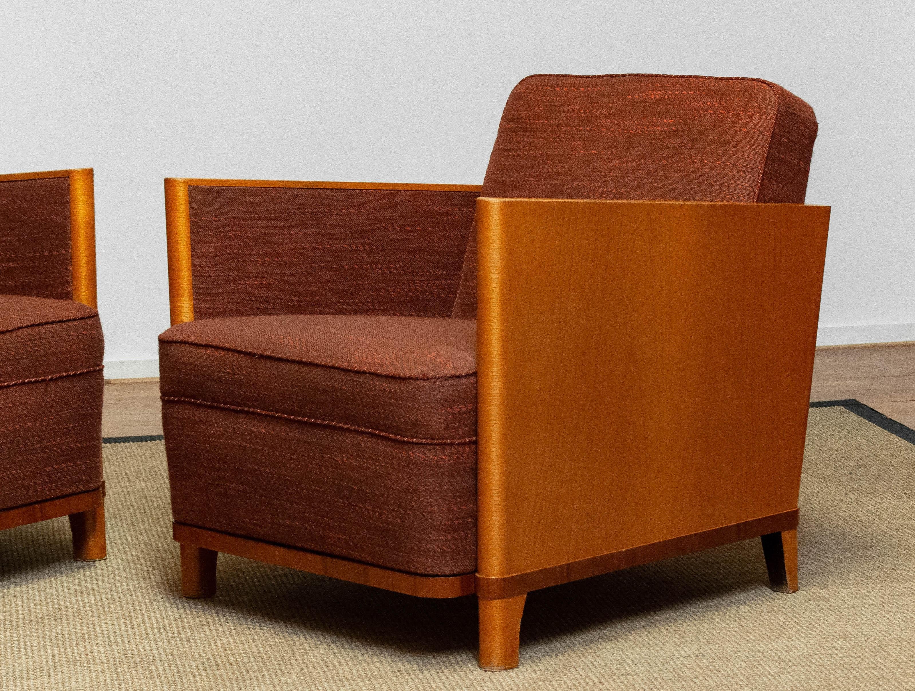 Mid-20th Century Matching Pair Art Deco Chairs with Elm Base and Dark Brown Wool by Erik Chambert