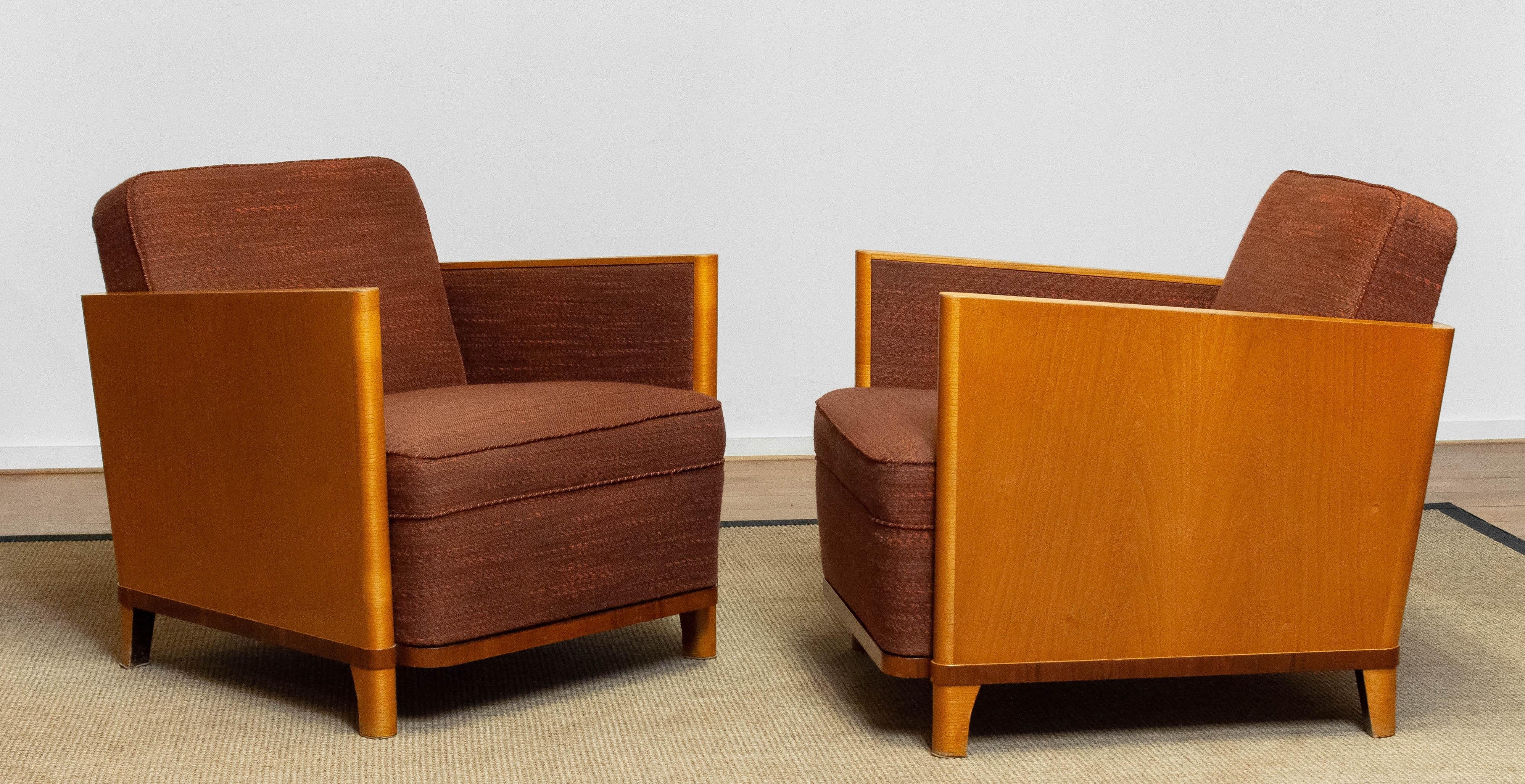 Matching Pair Art Deco Chairs with Elm Base and Dark Brown Wool by Erik Chambert 1