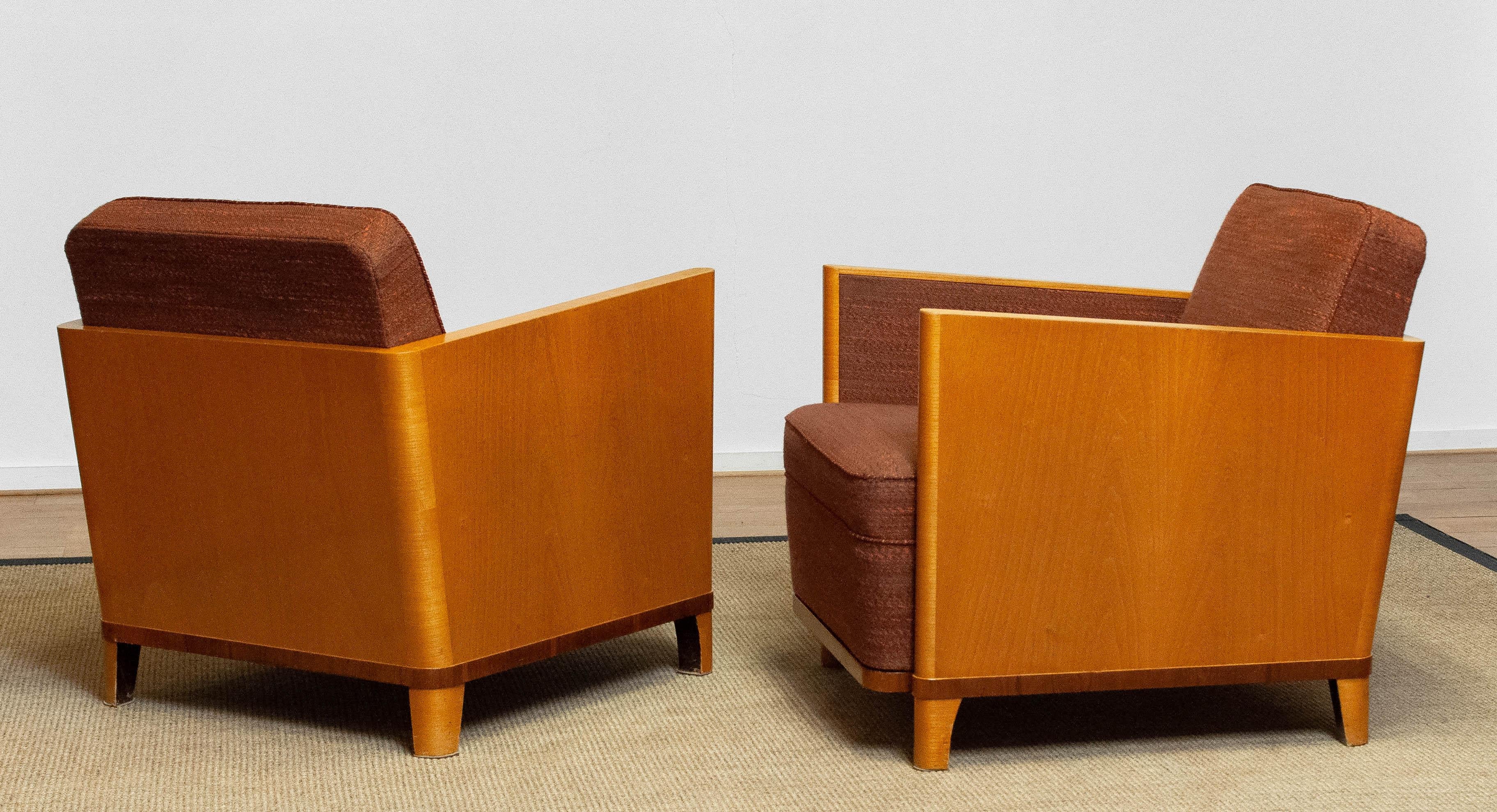Matching Pair Art Deco Chairs with Elm Base and Dark Brown Wool by Erik Chambert 2