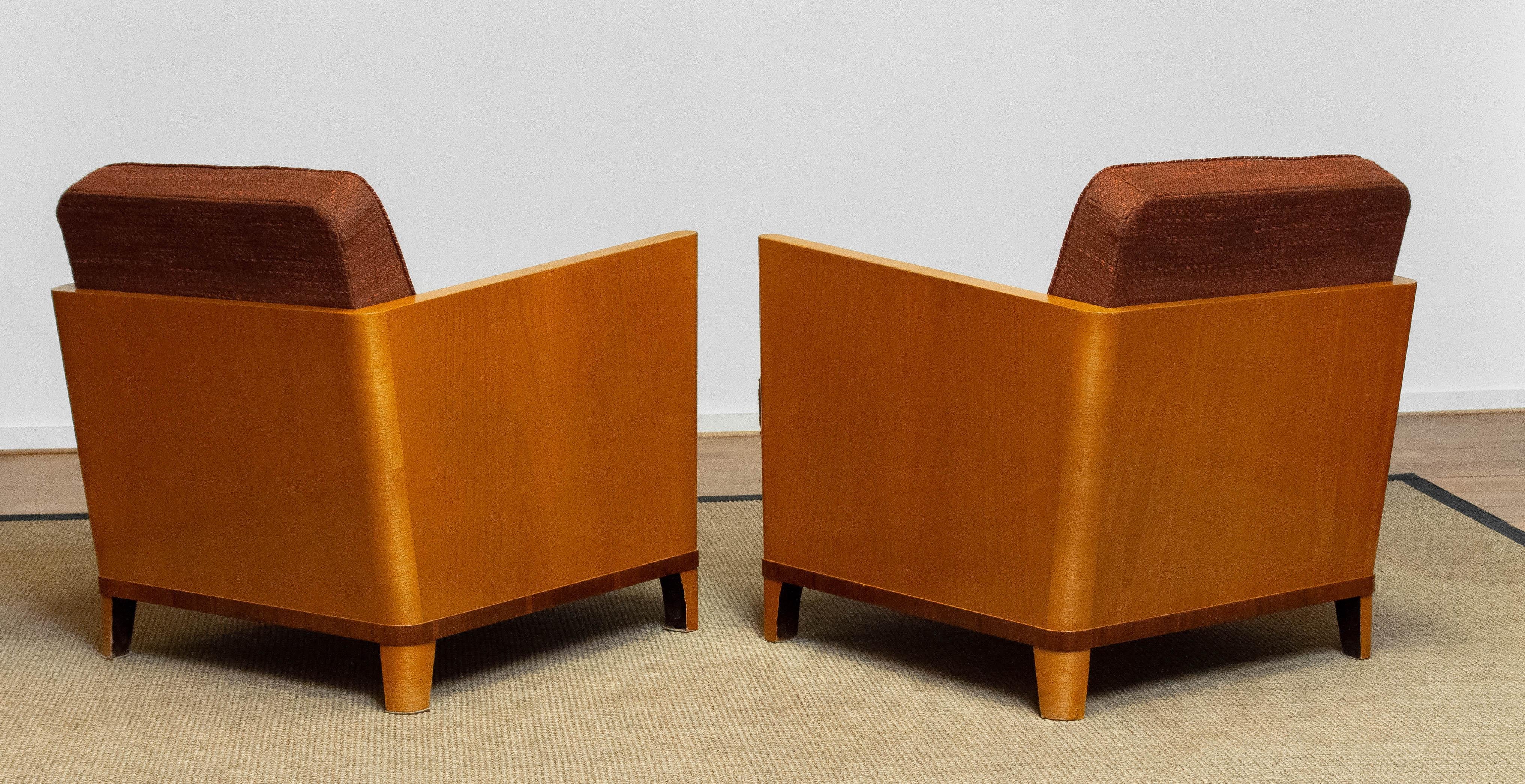 Matching Pair Art Deco Chairs with Elm Base and Dark Brown Wool by Erik Chambert For Sale 3