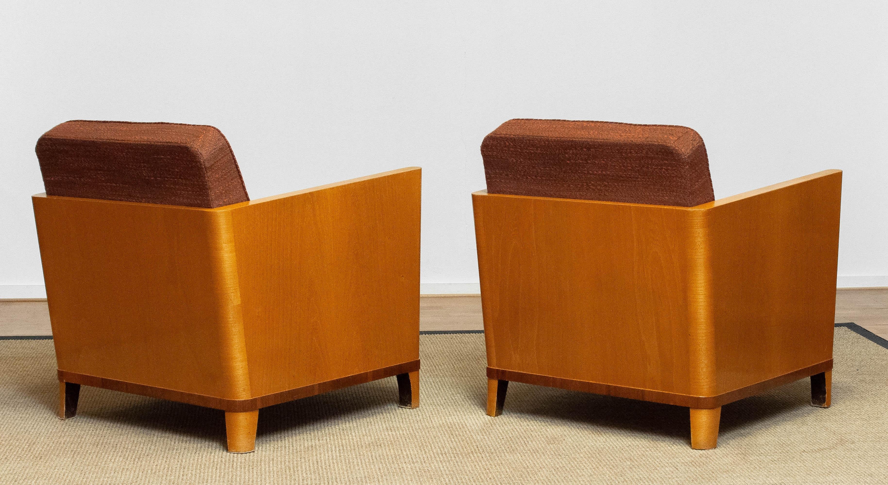 Matching Pair Art Deco Chairs with Elm Base and Dark Brown Wool by Erik Chambert 4