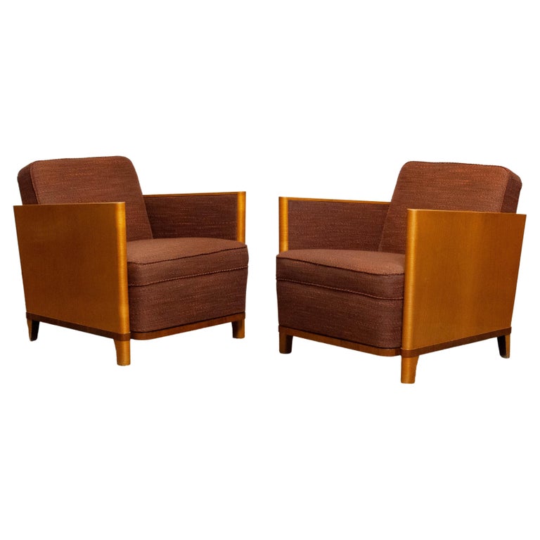Matching Pair Art Deco Chairs with Elm Base and Dark Brown Wool by Erik