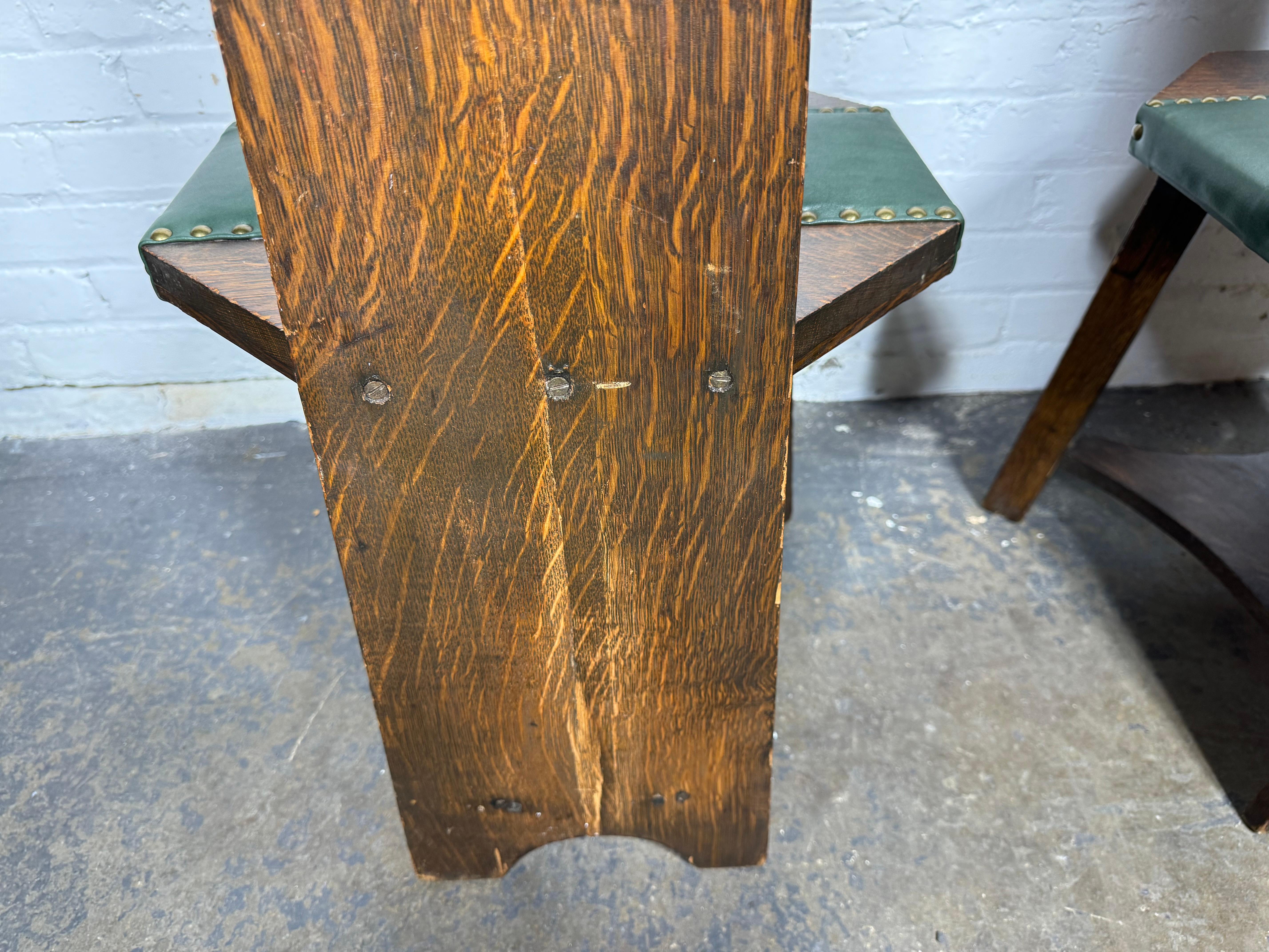Matching pair Barber Brothers oak and leather hall chairs. 1905 Arts & Crafts 3