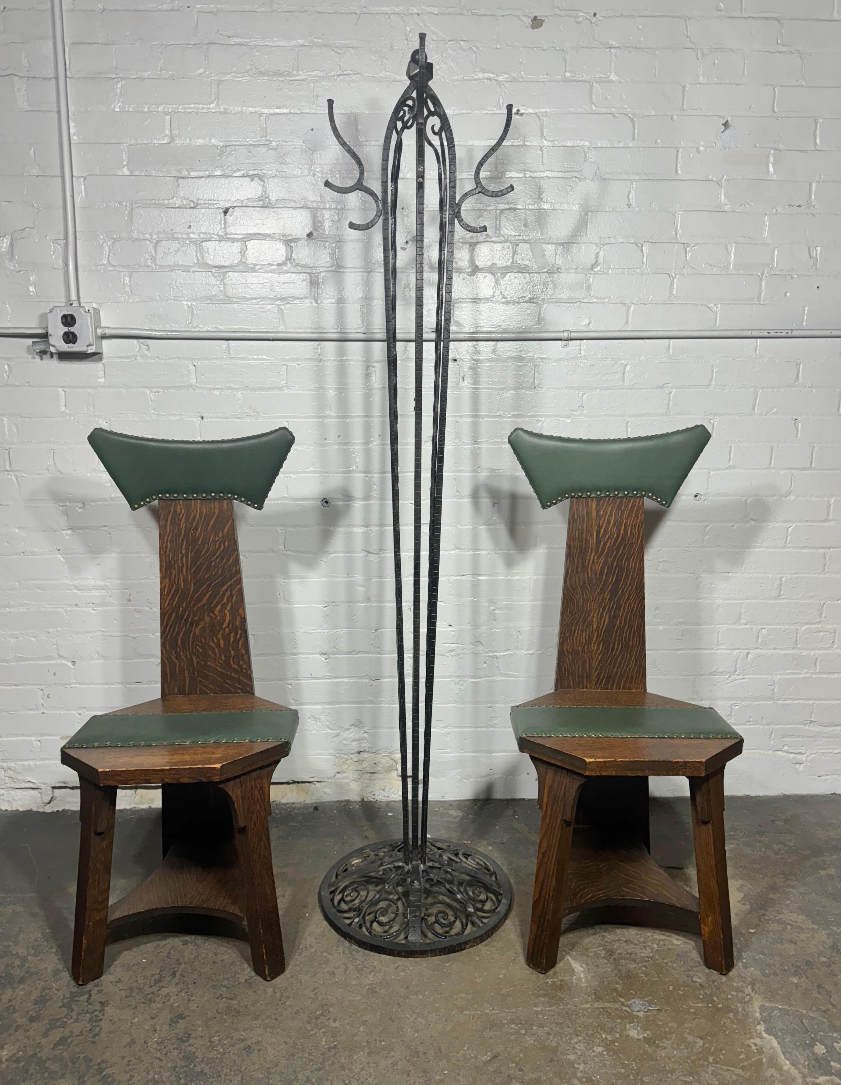 Nice Pair Arts and Crafts / Mission Hall Chairs ,, oak and leather , Very unusual design, Structurally sound , new leather, Retain original finish / patina, 

Barber Brothers Chair Co.
1903 - 1911
Grand Rapids and Hastings, Michigan

Company
