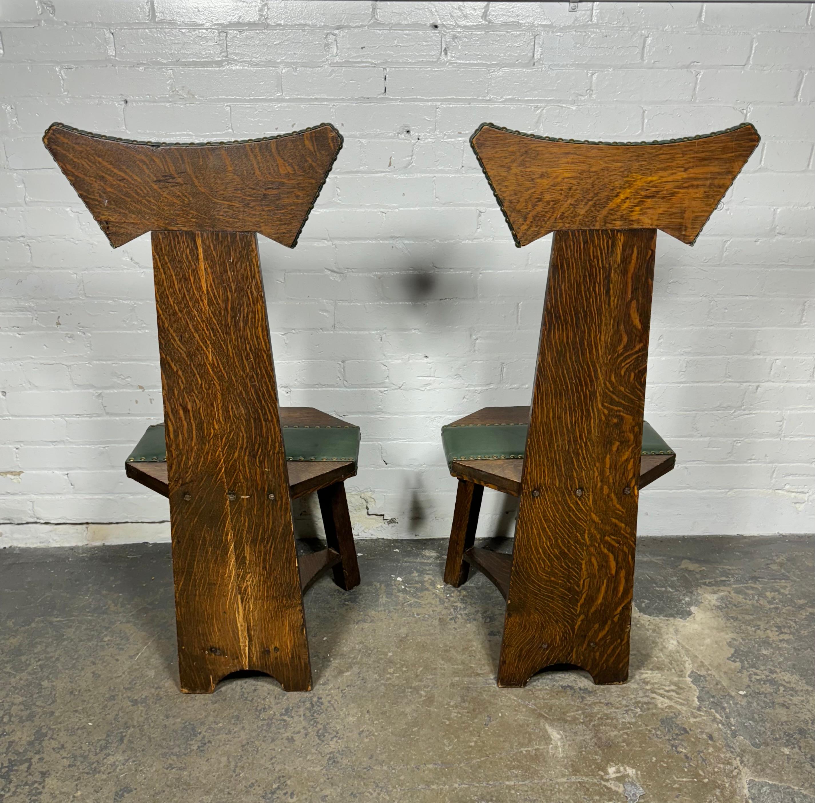 Arts and Crafts Matching pair Barber Brothers oak and leather hall chairs. 1905 Arts & Crafts