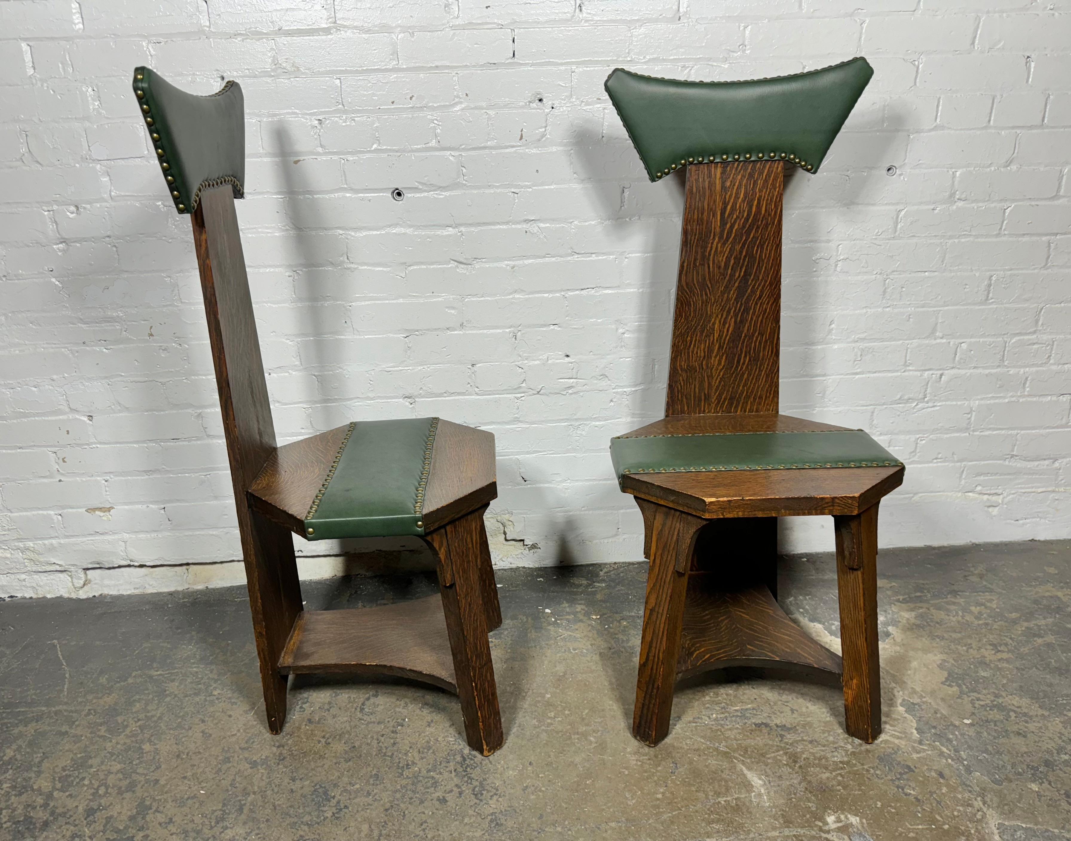 Leather Matching pair Barber Brothers oak and leather hall chairs. 1905 Arts & Crafts