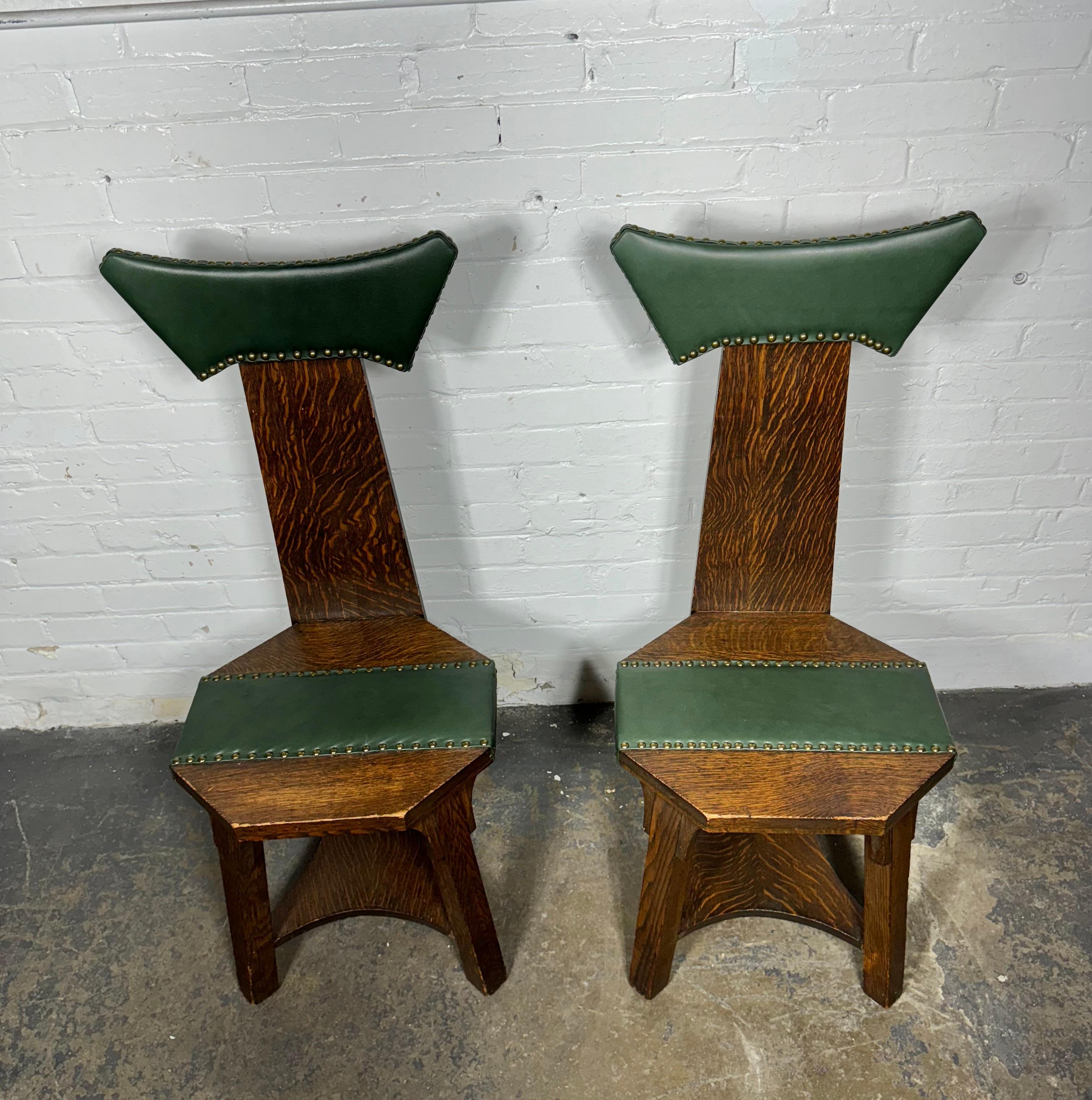 Matching pair Barber Brothers oak and leather hall chairs. 1905 Arts & Crafts 1