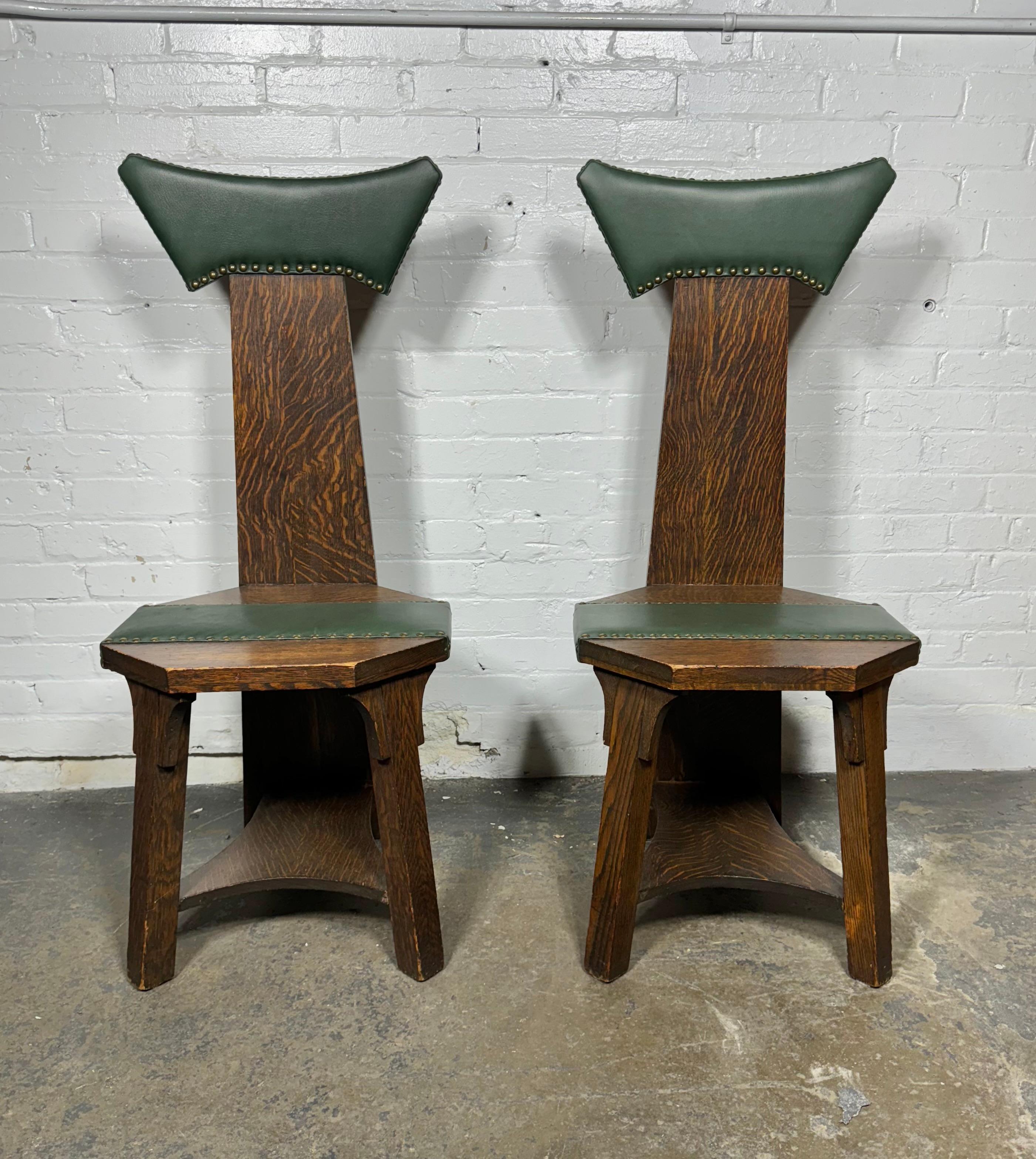 Matching pair Barber Brothers oak and leather hall chairs. 1905 Arts & Crafts 2