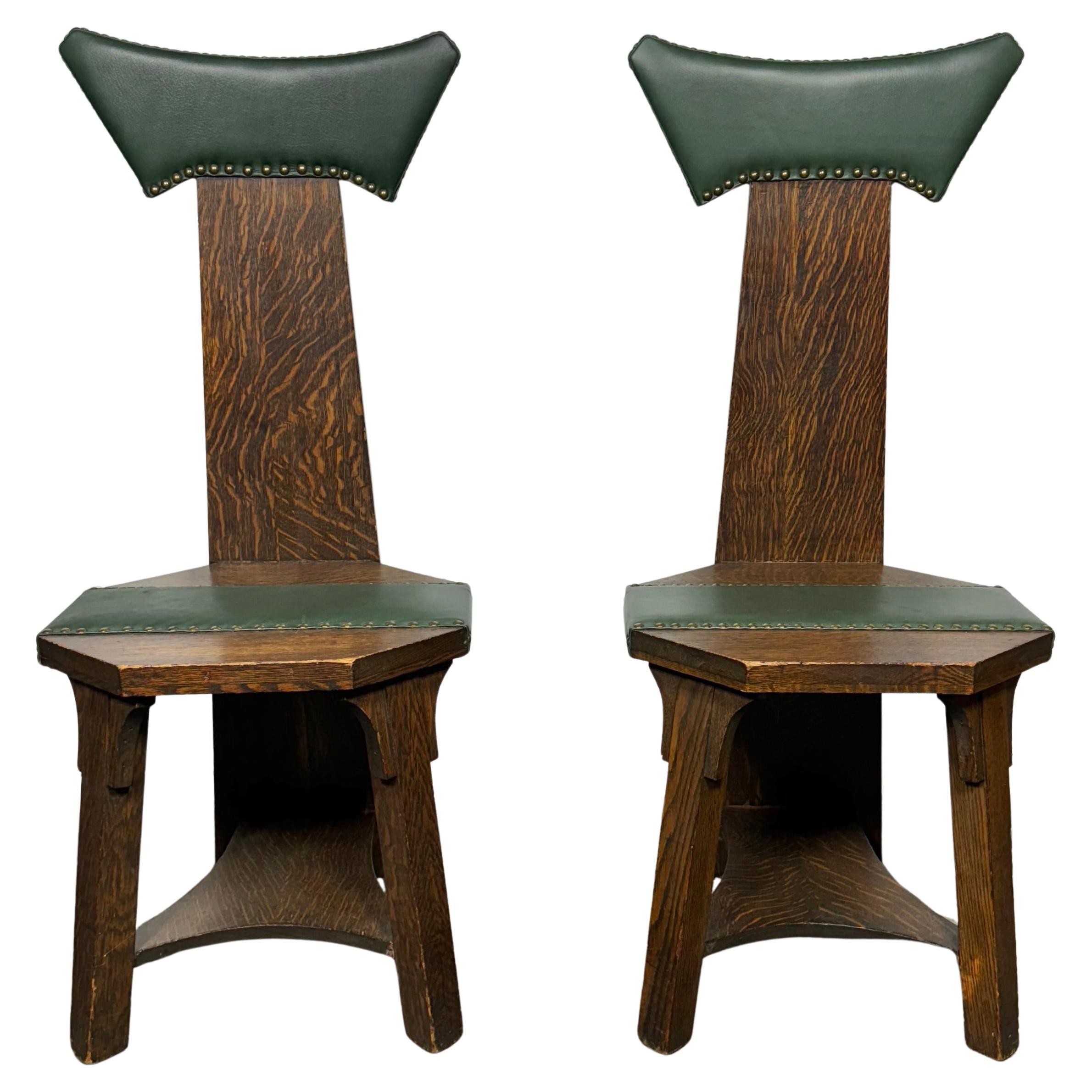 Matching pair Barber Brothers oak and leather hall chairs. 1905 Arts & Crafts