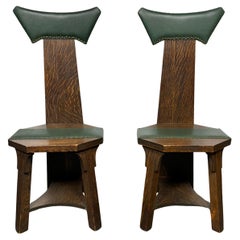 Matching pair Barber Brothers oak and leather hall chairs. 1905 Arts & Crafts