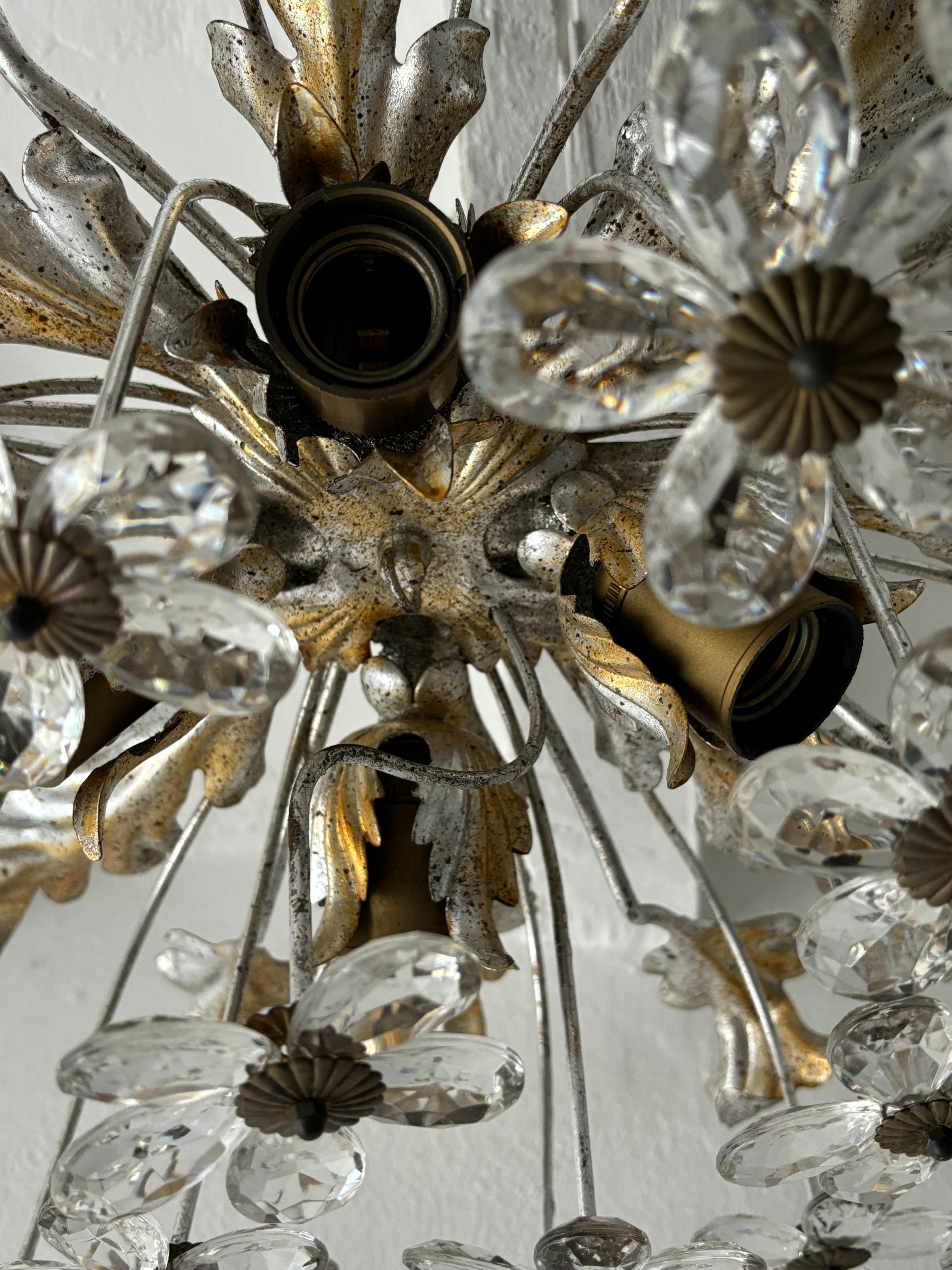 Matching Pair Flush Mount Maison Baguès Crystal Flowers Gold/Silver Chandelier For Sale 4