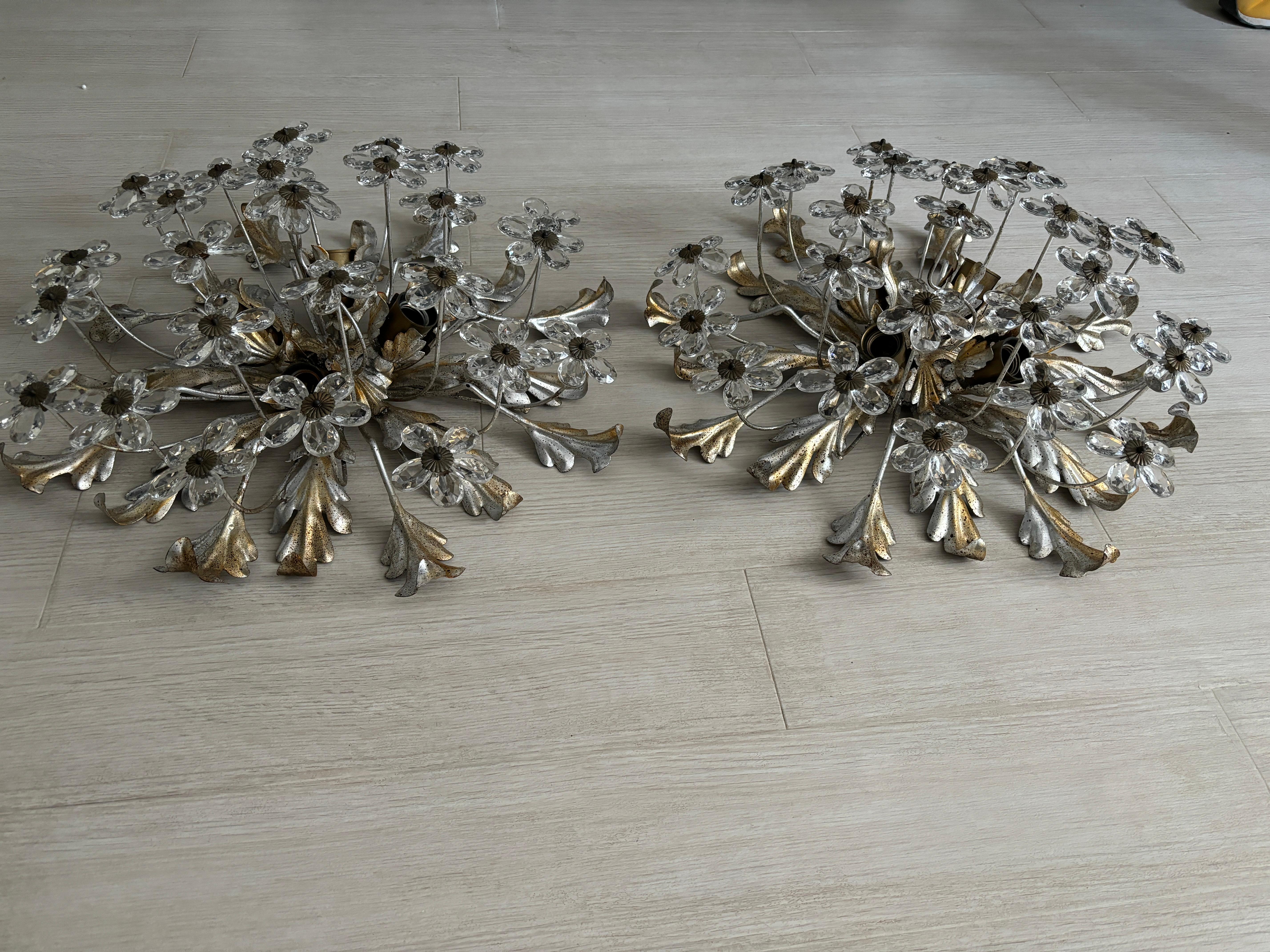 Matching Pair Flush Mount Maison Baguès Crystal Flowers Gold/Silver Chandelier For Sale 7