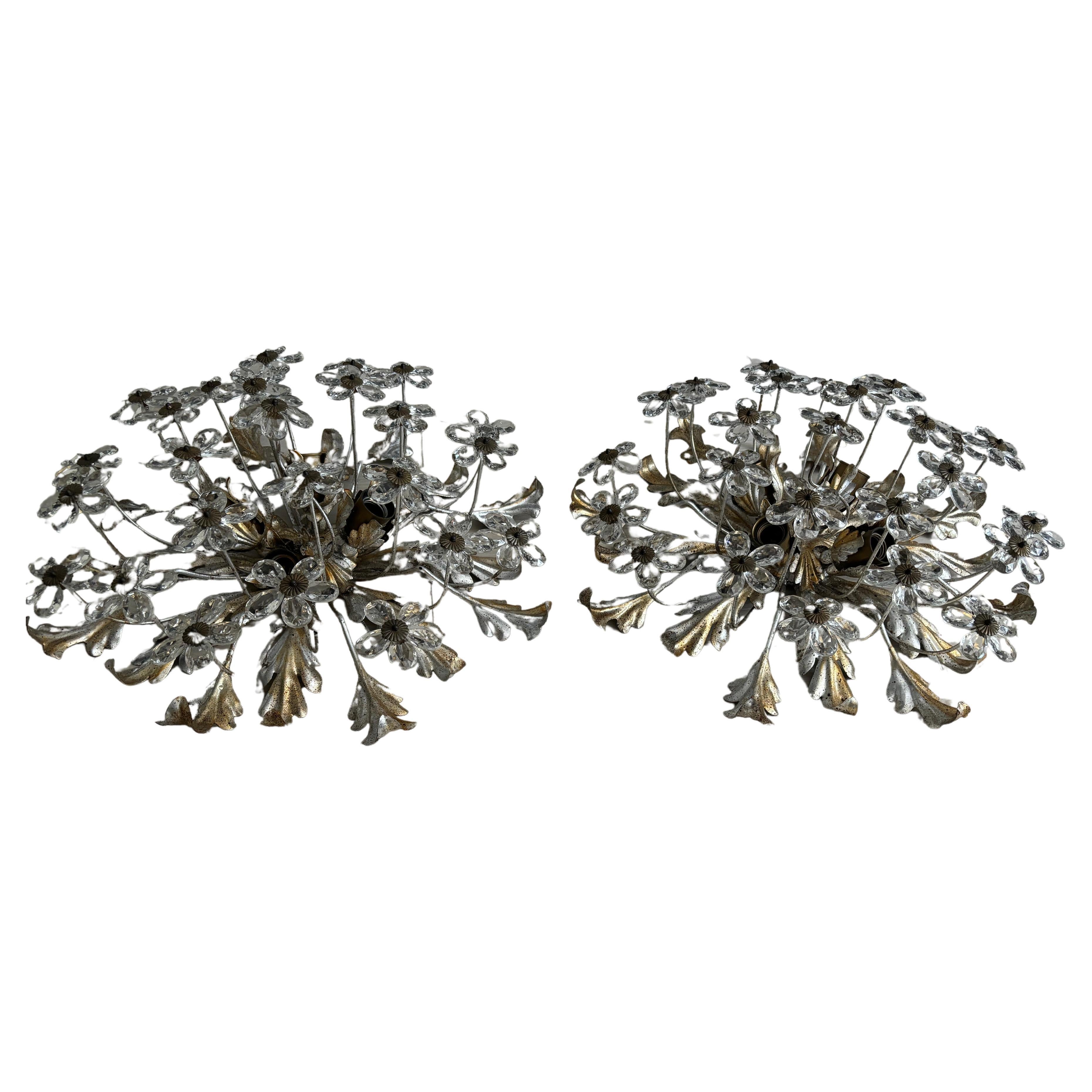 Incredible hard to find two matching flush mounts.  Each sold separately.  If you would like, I can add vintage chain to hang lower.  Also, these can be used as sconces as well.  Housing 4 lights. Will be rewired free of charge with certified UL US