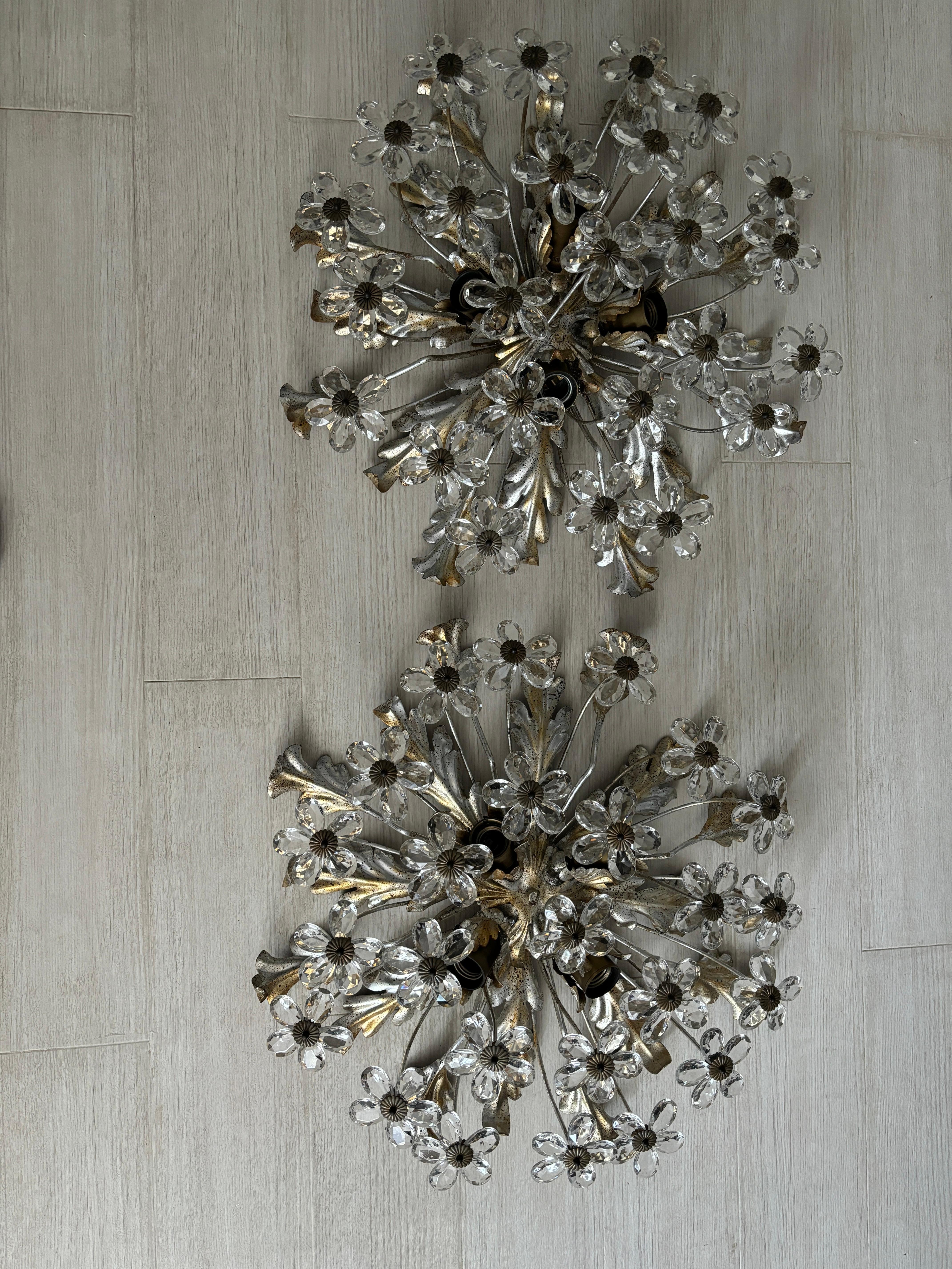 Mid-Century Modern Matching Pair Flush Mount Maison Baguès Crystal Flowers Gold/Silver Chandelier For Sale
