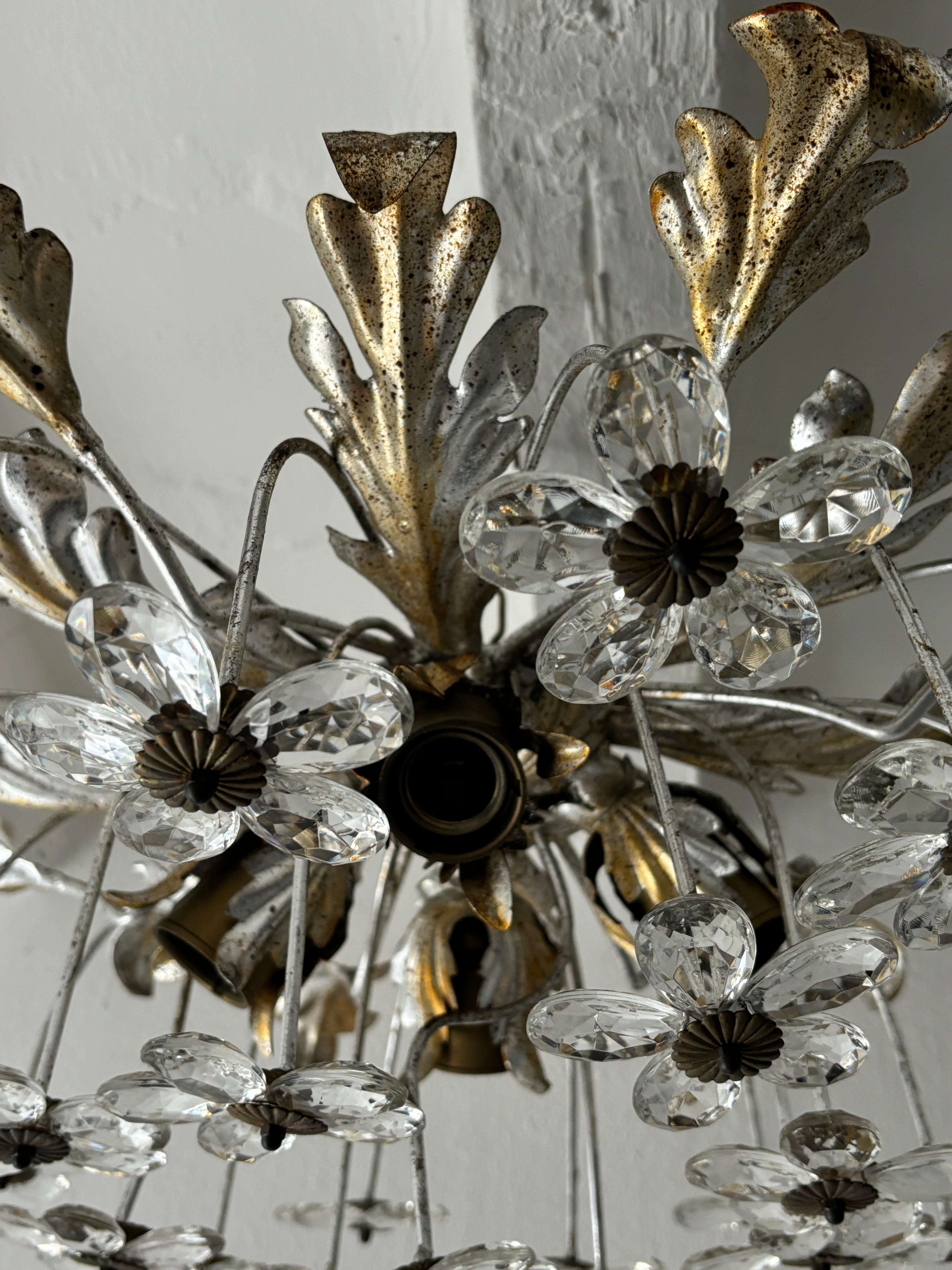 French Matching Pair Flush Mount Maison Baguès Crystal Flowers Gold/Silver Chandelier For Sale