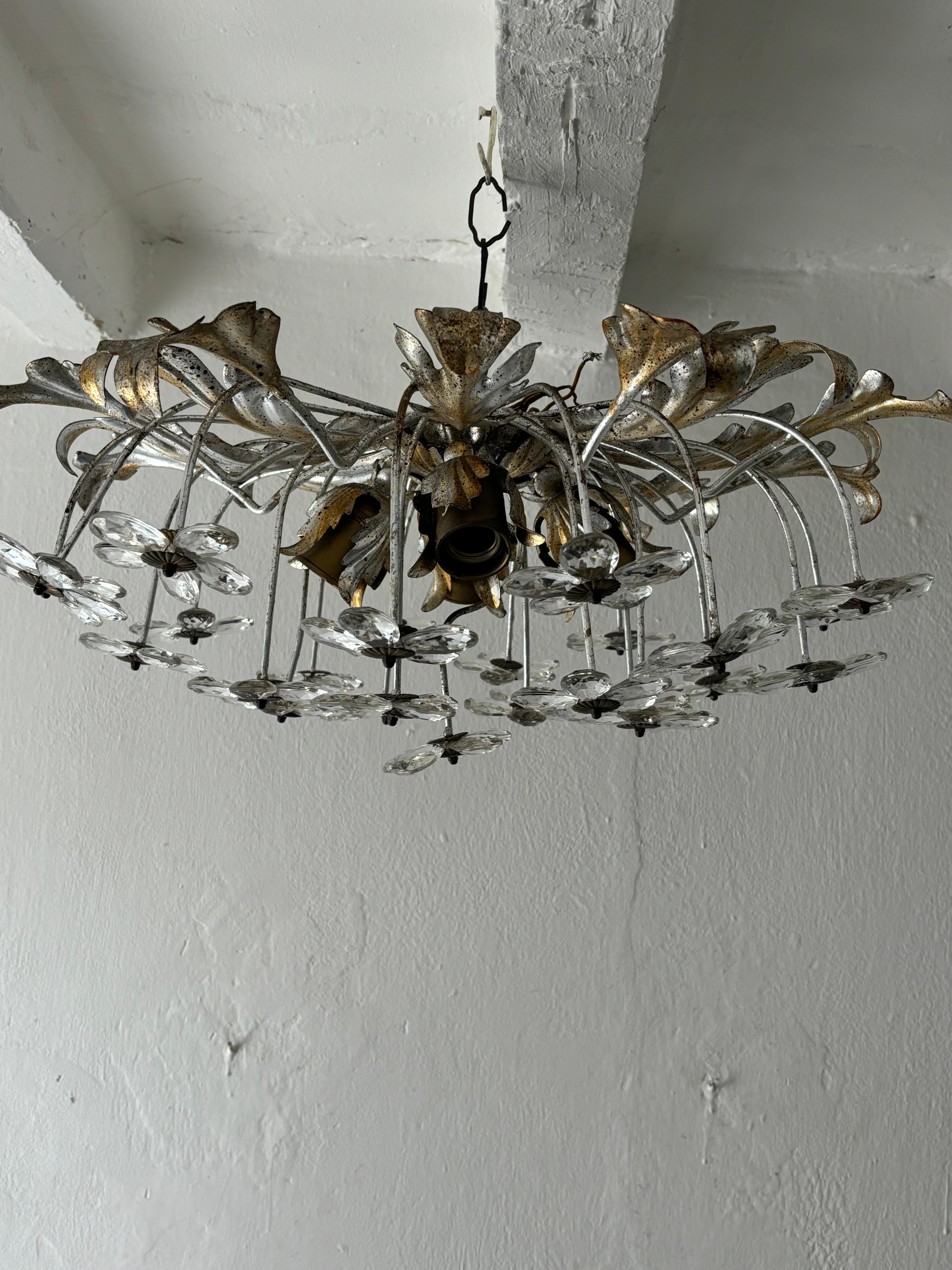 Mid-20th Century Matching Pair Flush Mount Maison Baguès Crystal Flowers Gold/Silver Chandelier For Sale
