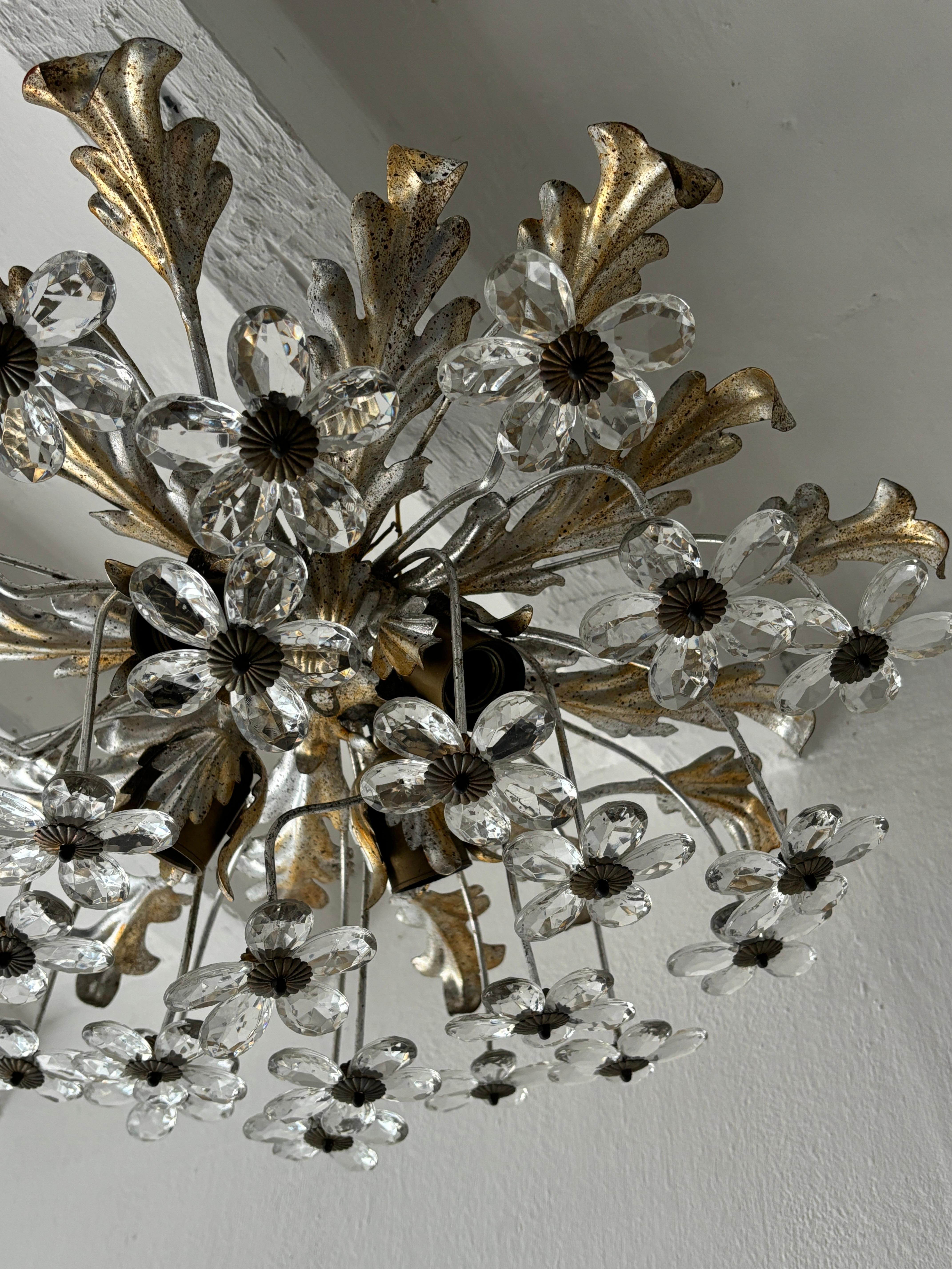 Matching Pair Flush Mount Maison Baguès Crystal Flowers Gold/Silver Chandelier For Sale 2