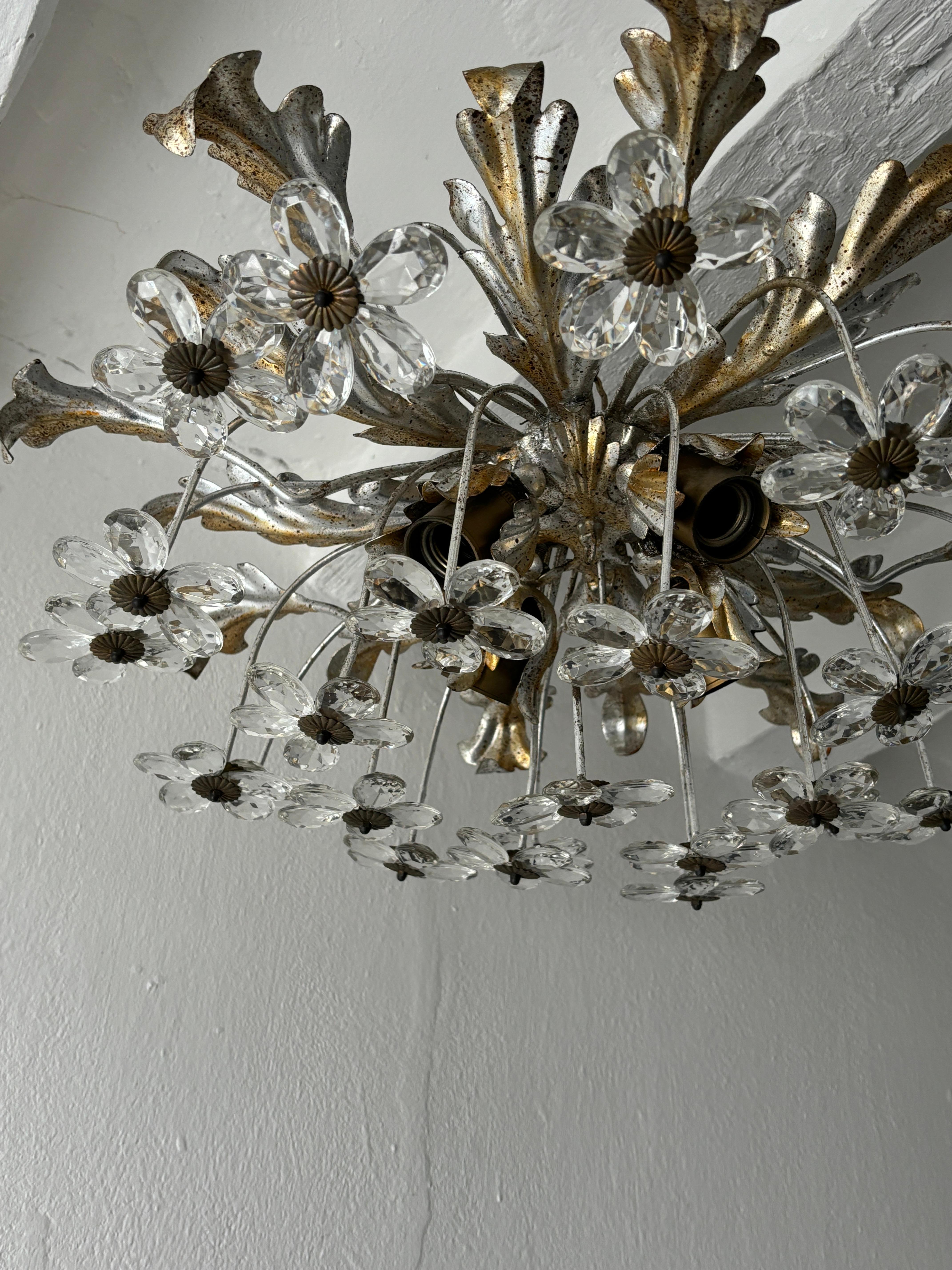 Matching Pair Flush Mount Maison Baguès Crystal Flowers Gold/Silver Chandelier For Sale 3