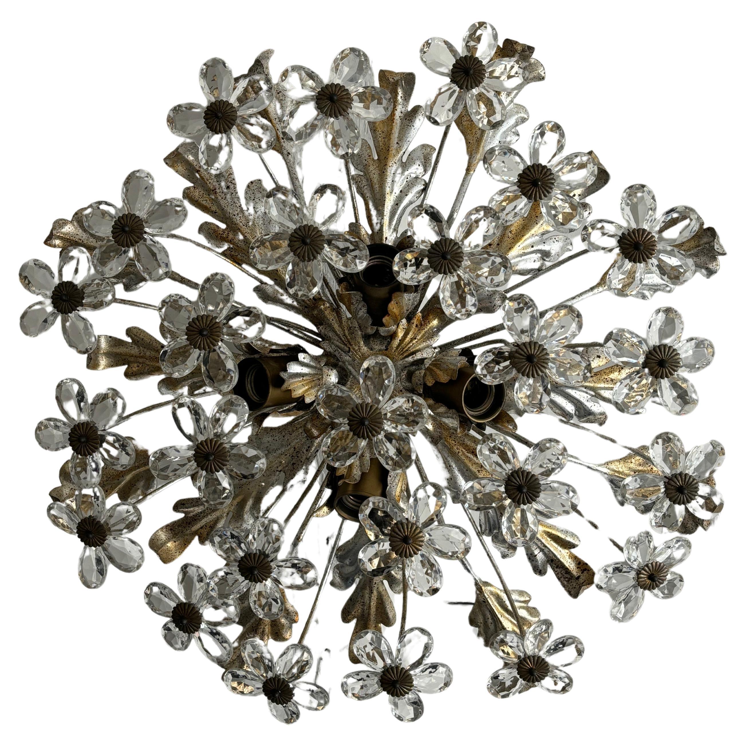 Matching Pair Flush Mount Maison Baguès Crystal Flowers Gold/Silver Chandelier For Sale