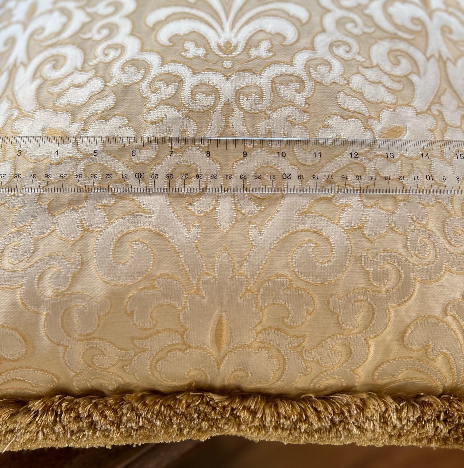 Matching Pair Late 20th c. Custom Upholstered Cream Silk Damask 3-Seat Sofas For Sale 1