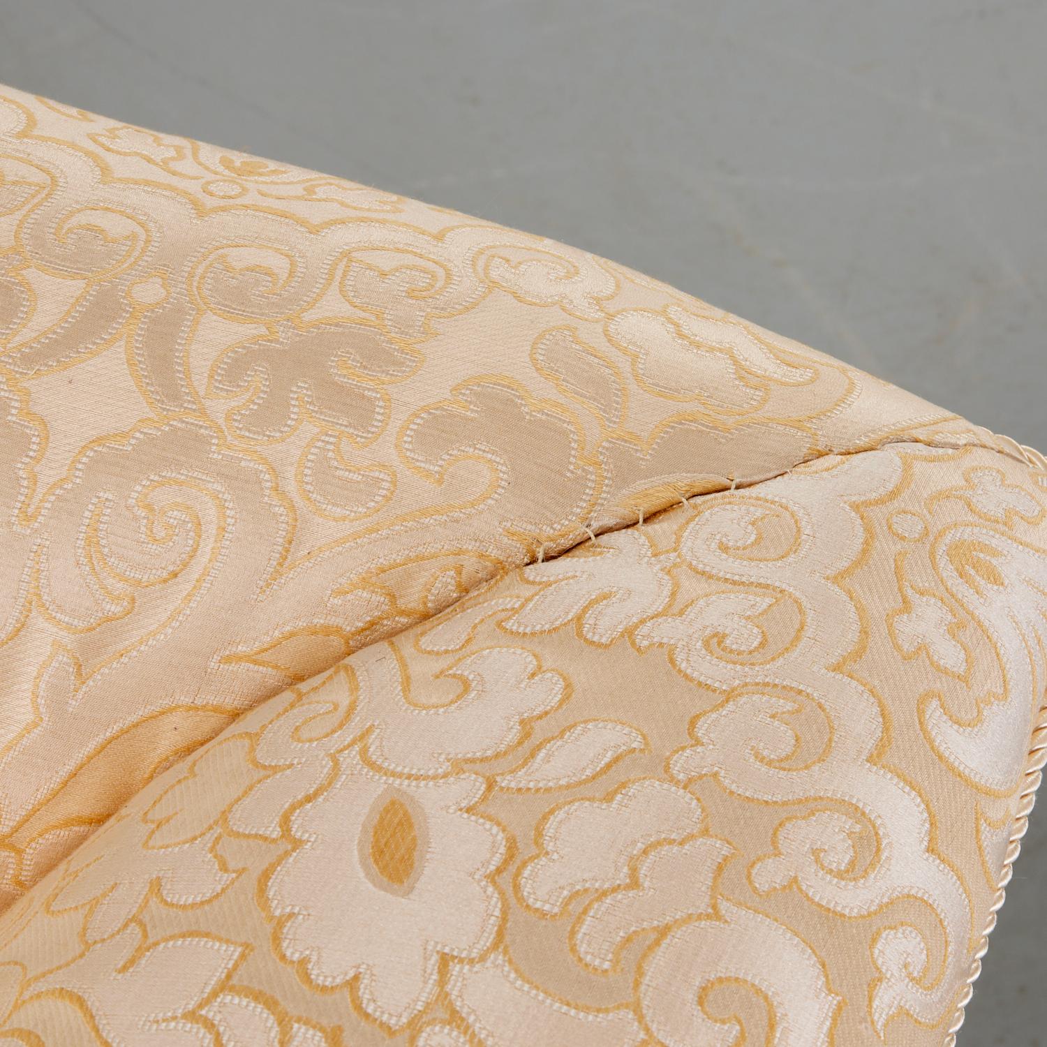 Matching Pair Late 20th c. Custom Upholstered Cream Silk Damask 3-Seat Sofas For Sale 7