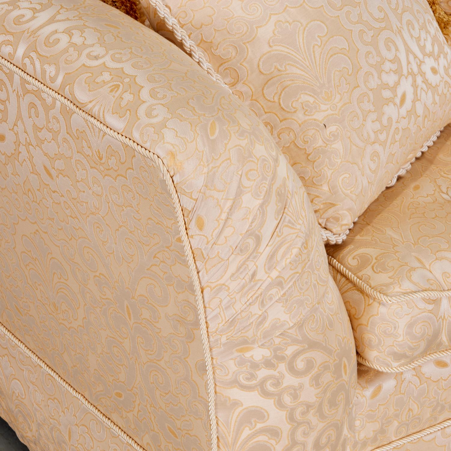Modern Matching Pair Late 20th c. Custom Upholstered Cream Silk Damask 3-Seat Sofas For Sale
