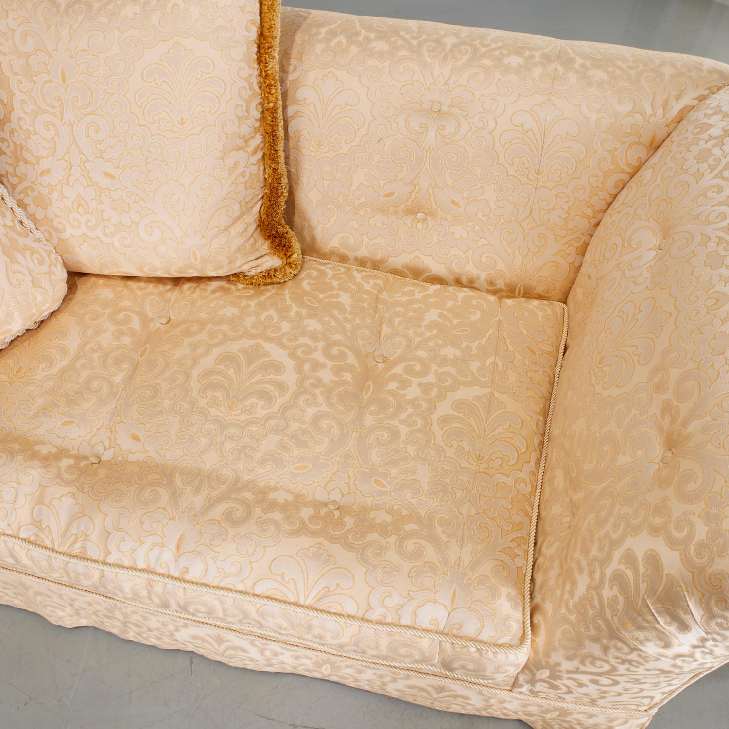 American Matching Pair Late 20th c. Custom Upholstered Cream Silk Damask 3-Seat Sofas For Sale