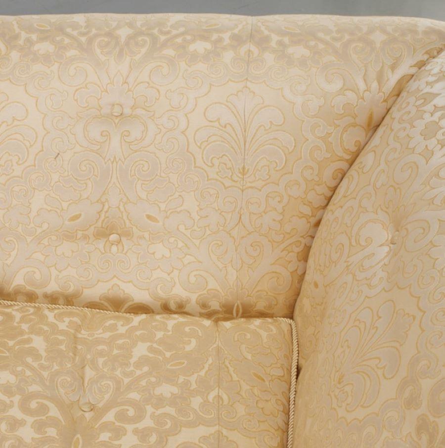 Hand-Crafted Matching Pair Late 20th c. Custom Upholstered Cream Silk Damask 3-Seat Sofas For Sale