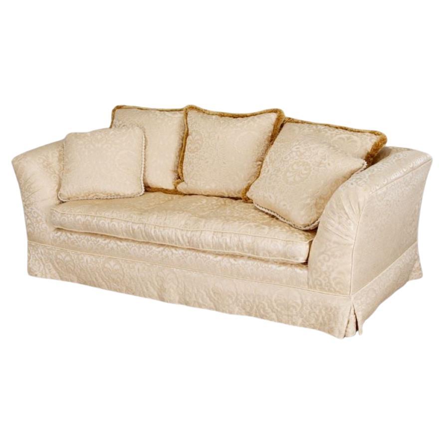 Matching Pair Late 20th c. Custom Upholstered Cream Silk Damask 3-Seat Sofas For Sale