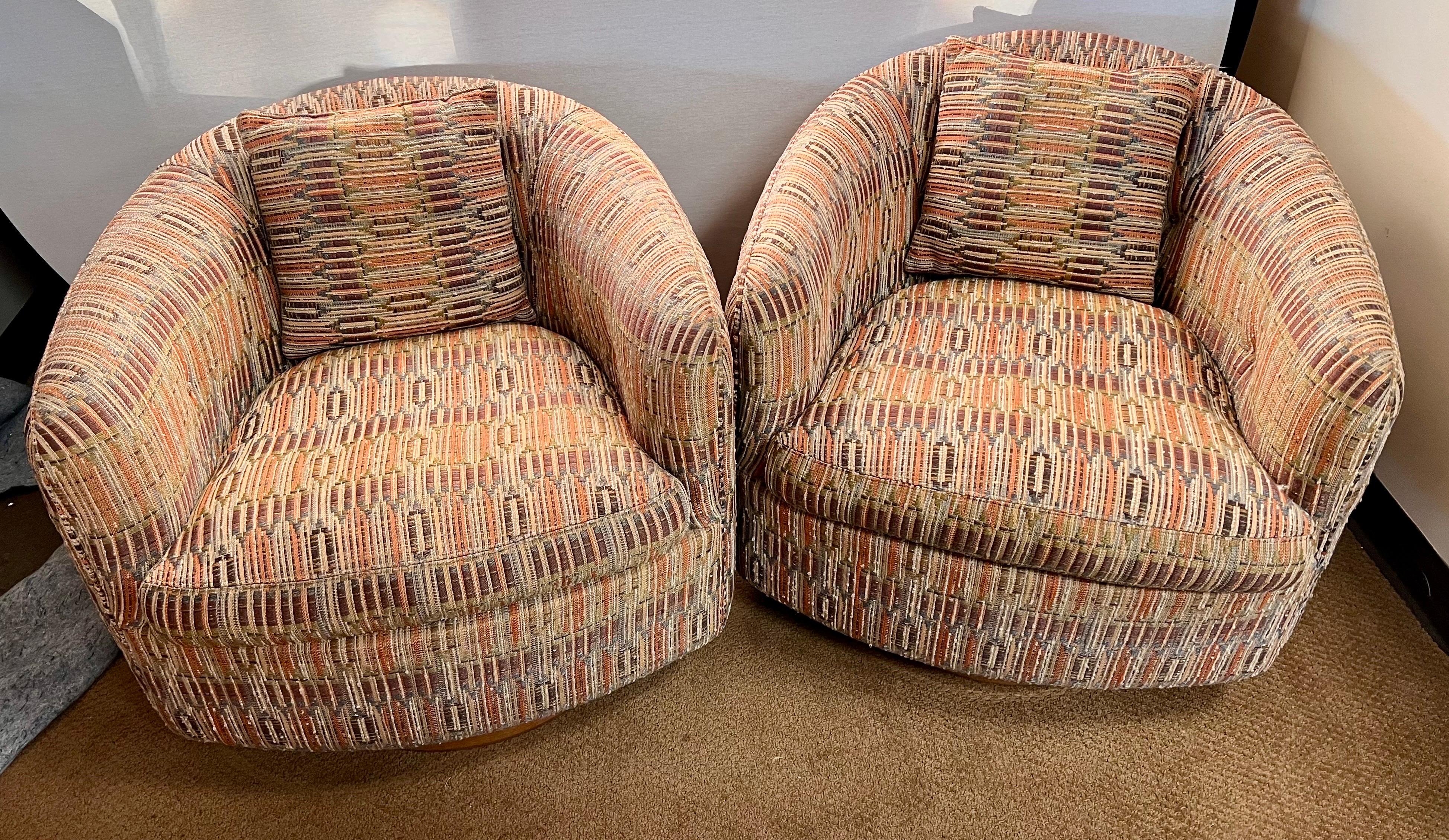 Fabric Matching Pair Milo Baughman Thayer Coggin Mid Century Barrelback Swivel Chairs